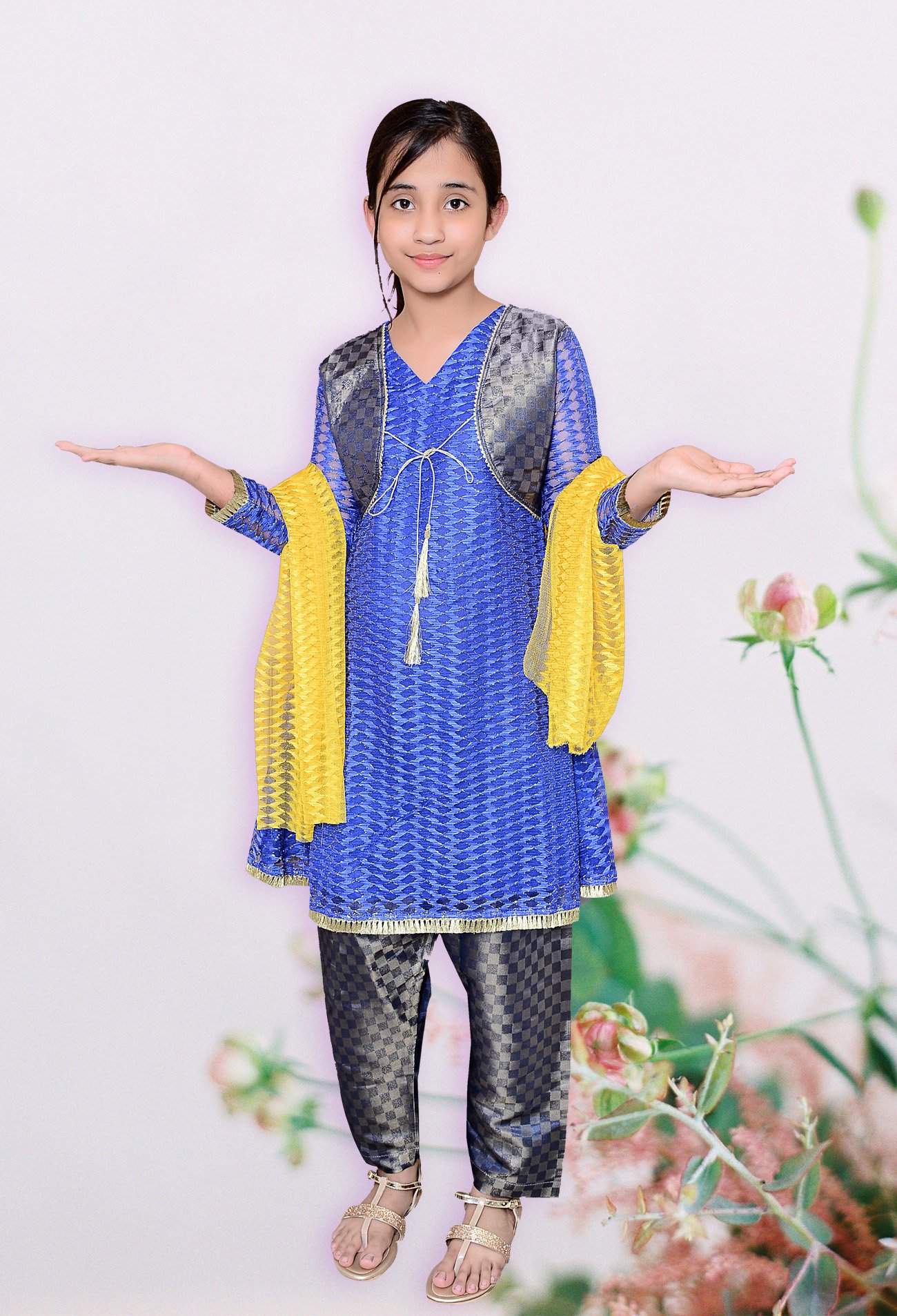 Filli Kids Designer Dresses For Sale Three-Piece In Blue Color Over Net Code: Filli-Girls-007