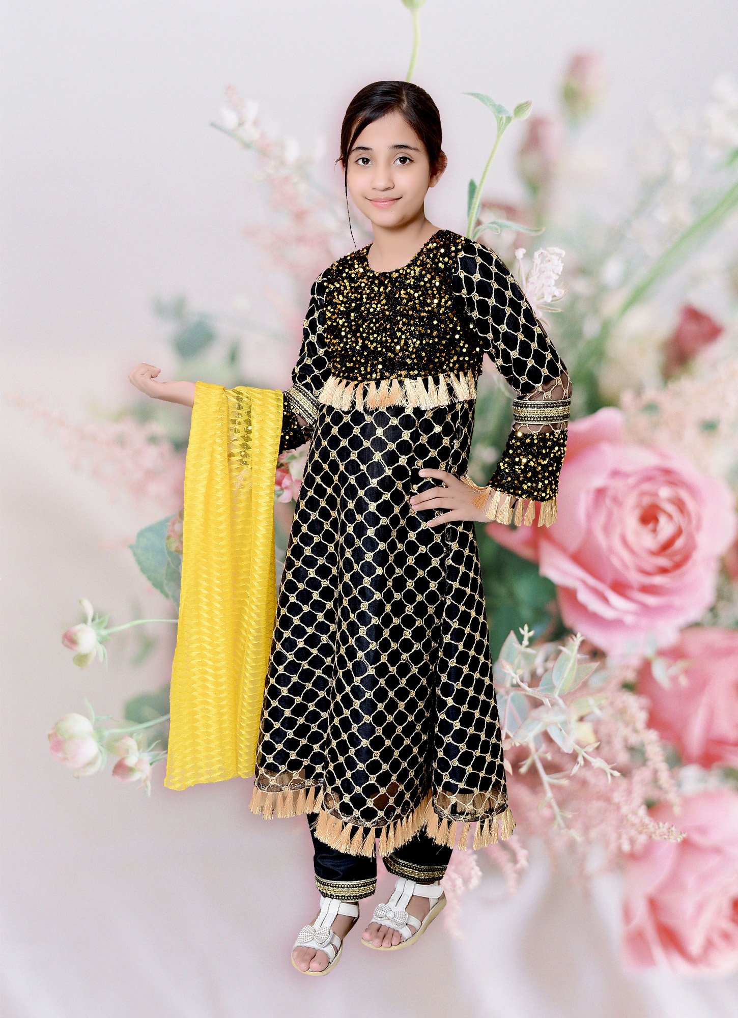 Filli Kids Designer Dresses For Sale Three-Piece In Black Color Over Net Code: Filli-Girls-008