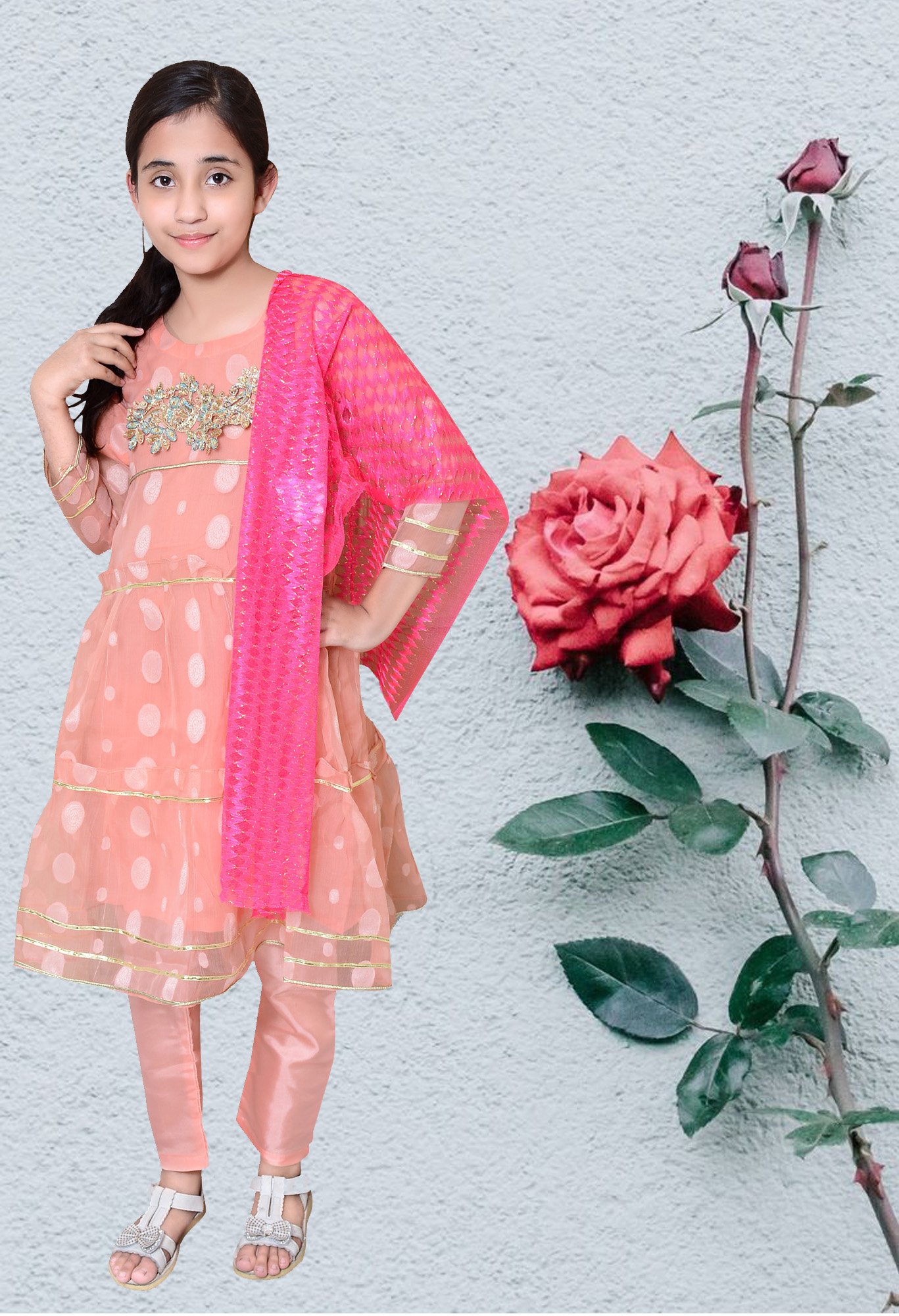 Filli Kids Designer Dresses For Sale Three-Piece In Pink Color Over Organza Code: Filli-Girls-010