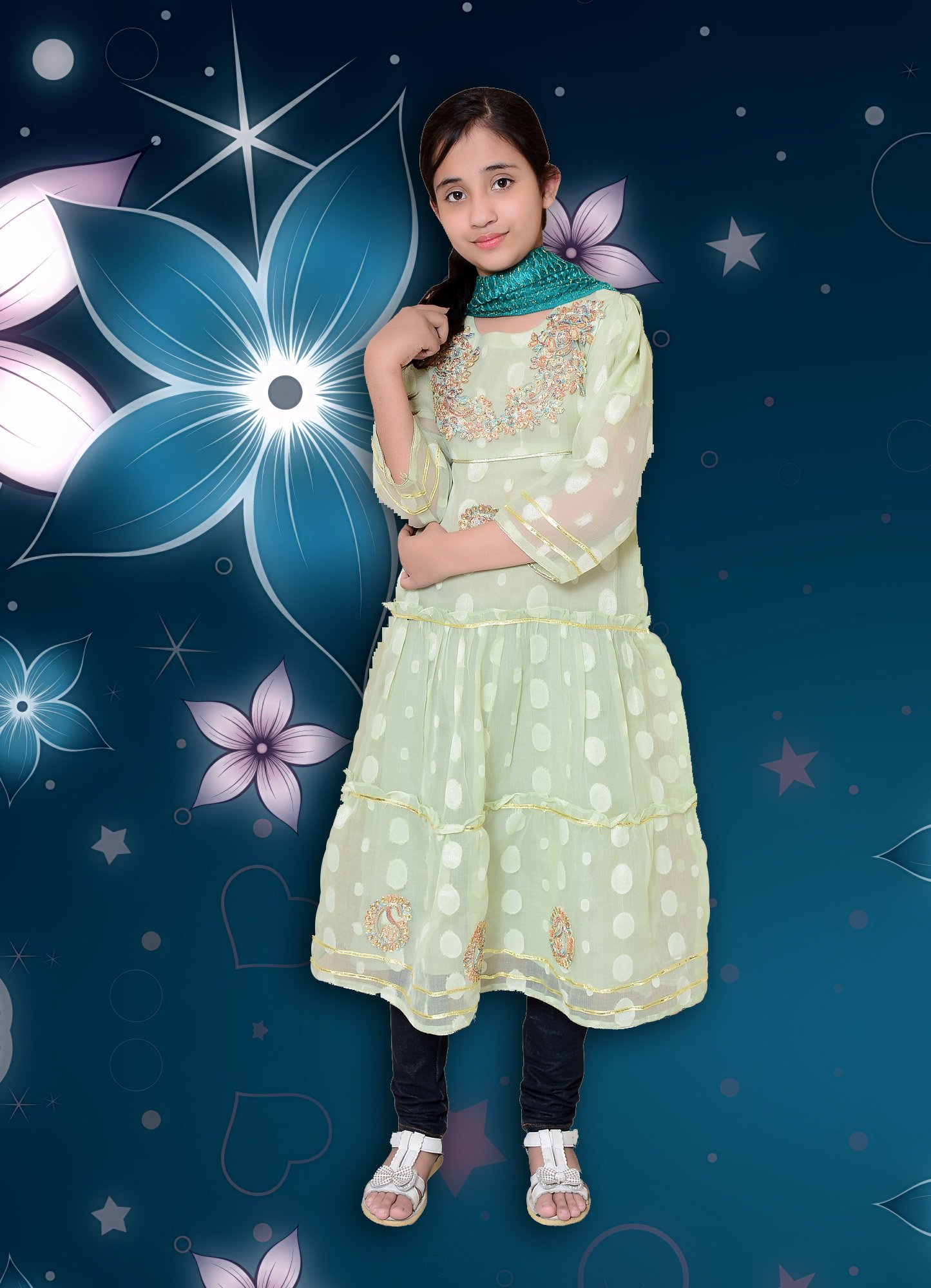 Filli Kids Designer Dresses For Sale Three-Piece In Light Green Color Over Organza Code: Filli-Girls-012