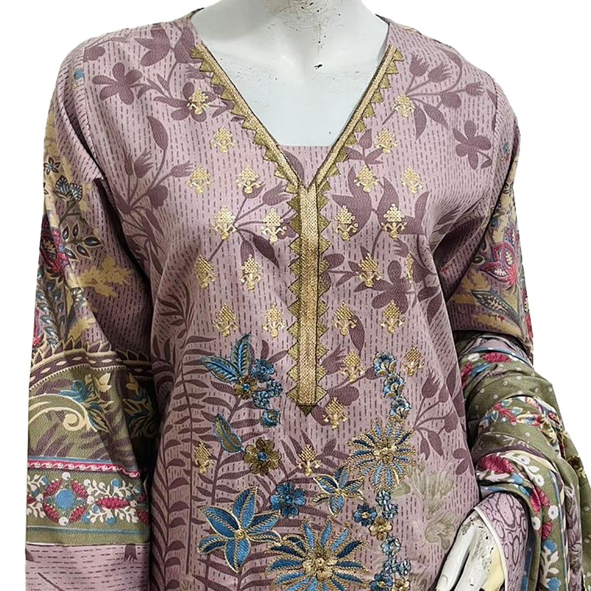 Pastel Purple 3Pc Embroidered Dhanak Suit For Women - Image 2