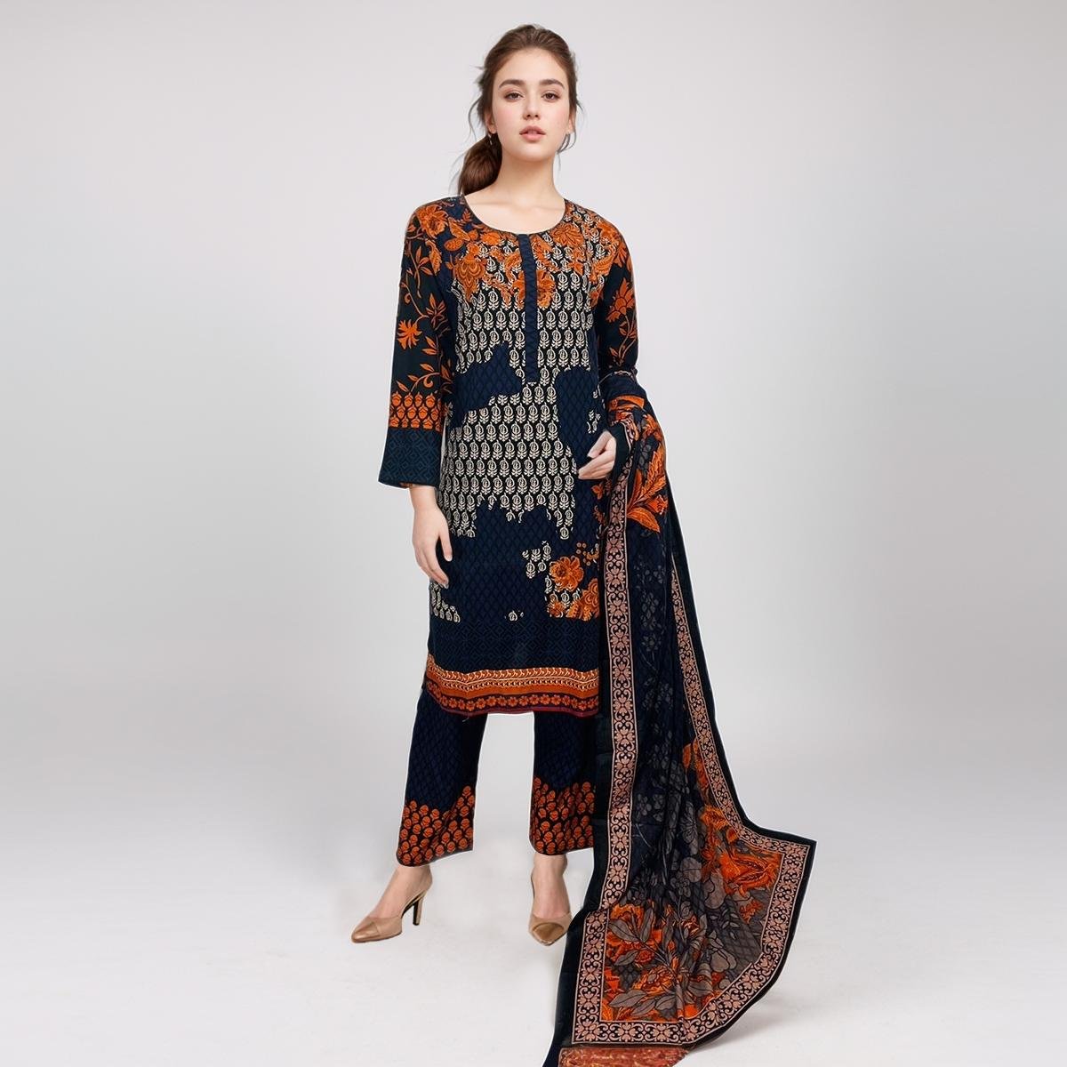 Dark Nav Color Printed Khaddar 3pc Stitch Suit