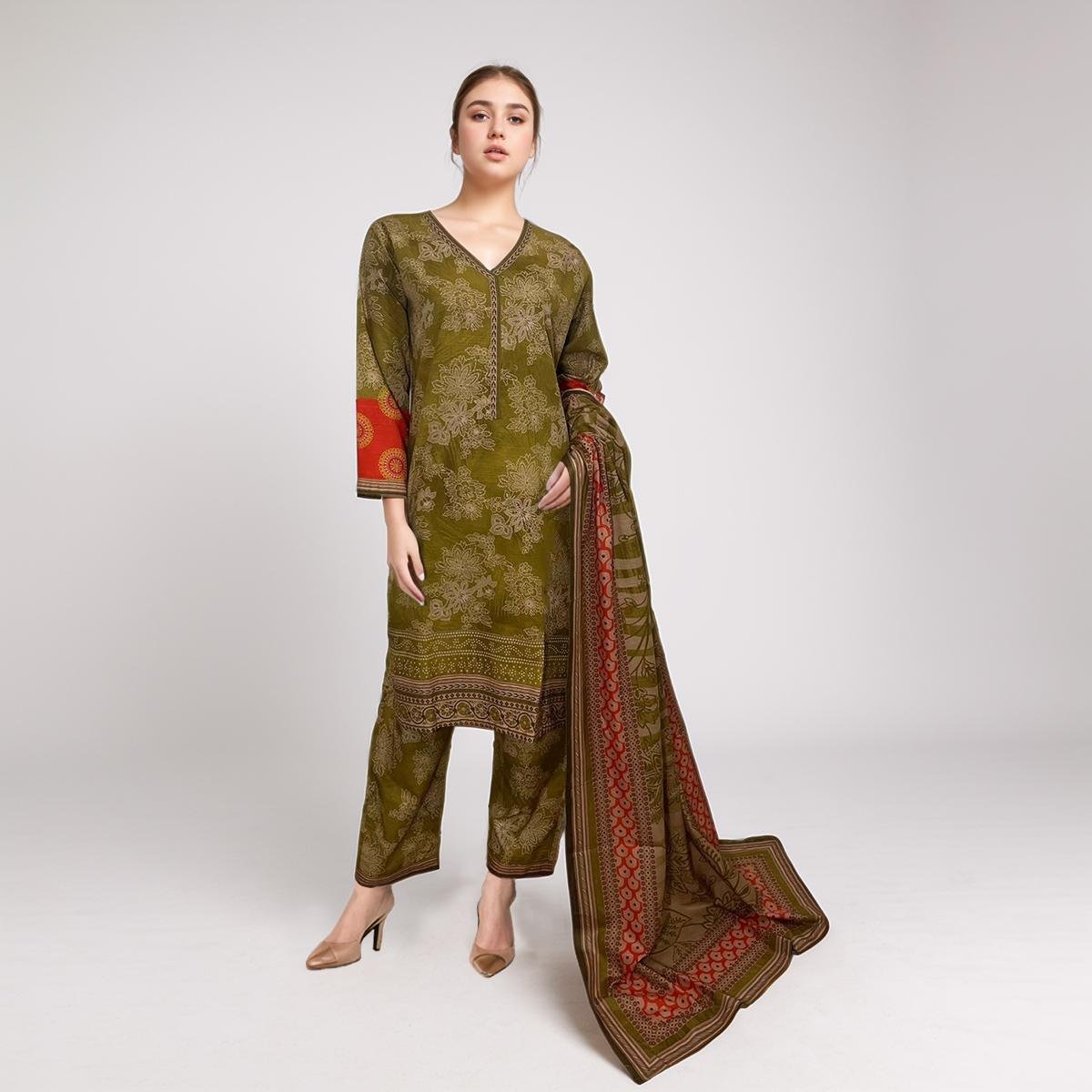 Dark Mustard Color Printed Khaddar 3pc Stitch Suit