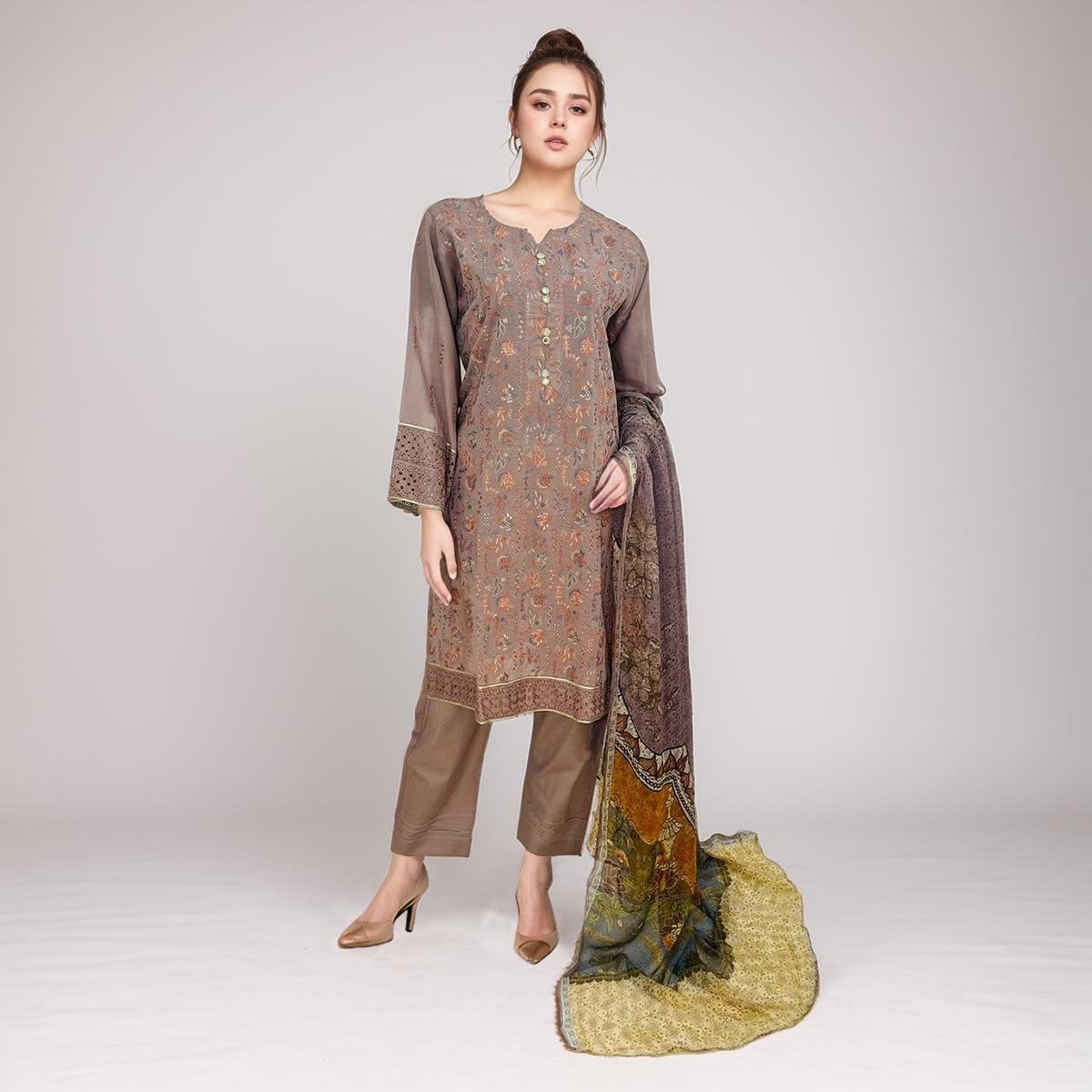 Mushroom Chikankari Embroidered 3pc Stitch Suit