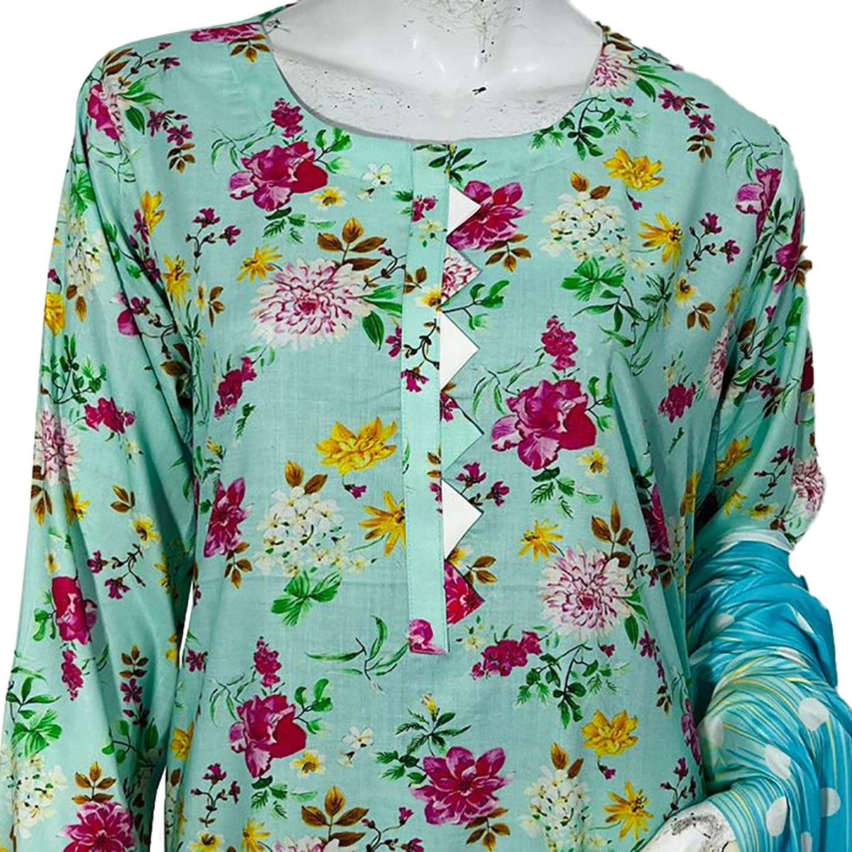 Greenish Cyan Digital Linen 3Pc Suit With Linen Dupatta - Image 2