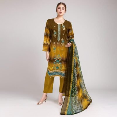 Mustard Brown embroidered 3pc ladies suit