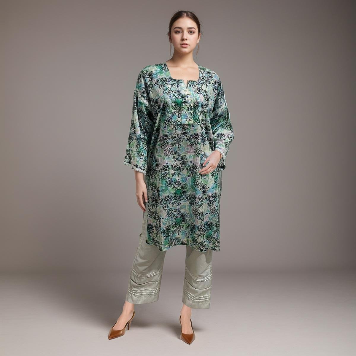Palm Leaf Color Women’s Pakistani Linen Kurti