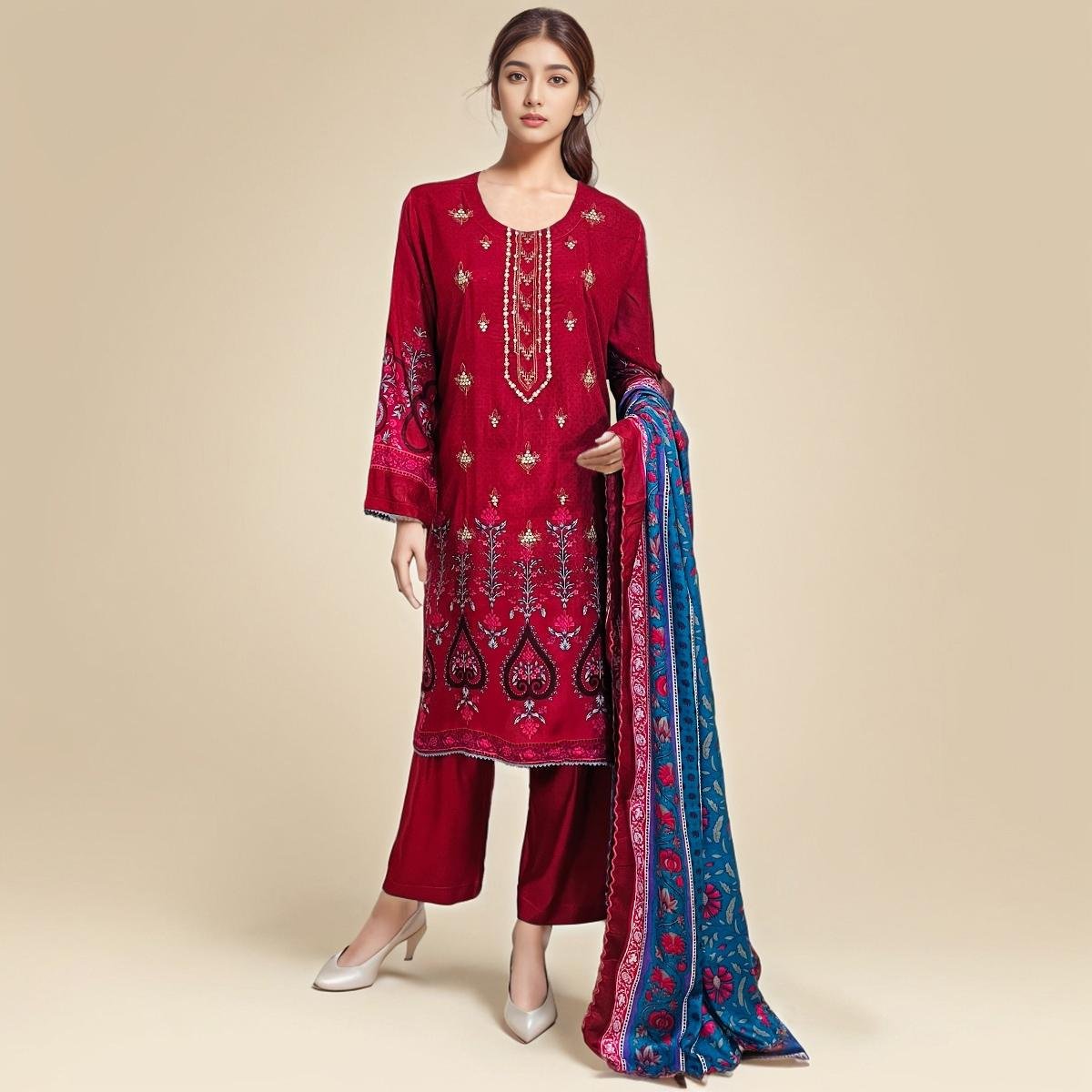 Rose Red linen 3 piece suit pakistani