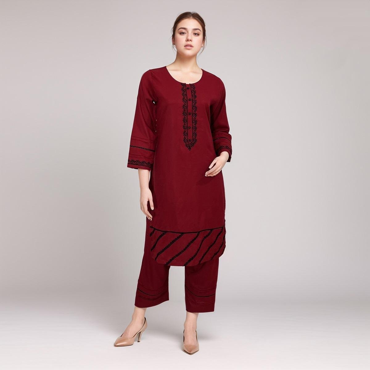 Lawn Cotton Wine Red Kurti Design