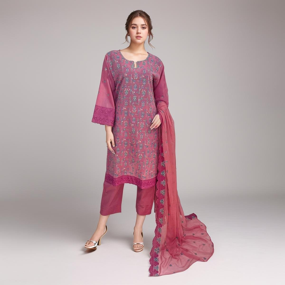 Rose Pink Chikankari Embroidered 3pc Stitch Suit
