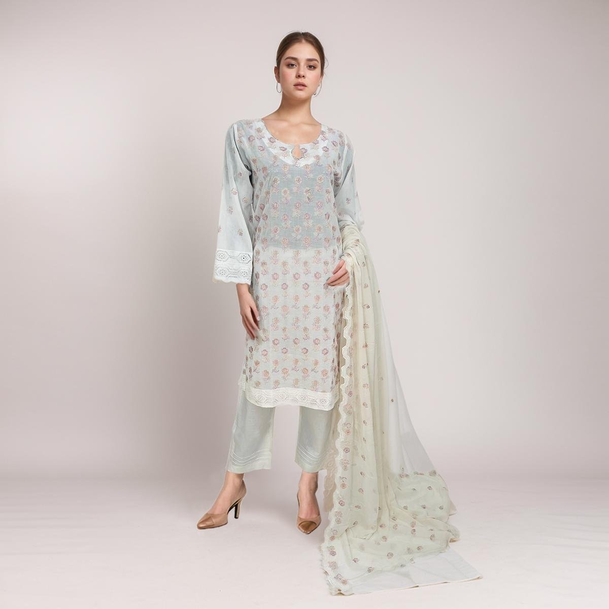 Off-White Chikankari Embroidered 3pc Stitch Suit