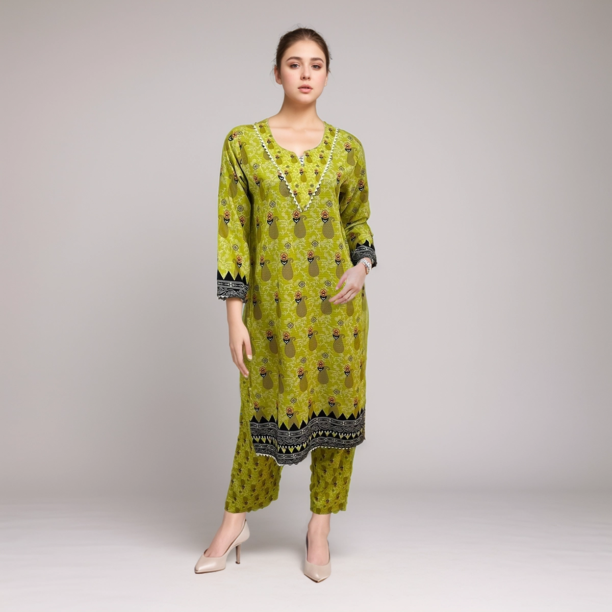 Barf Green Color wholesale Ladies Print Linen 2pc Suit