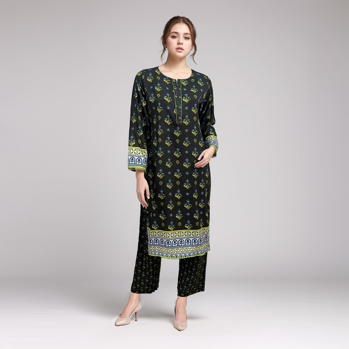 Black Color wholesale Ladies Print Linen 2pc Suit