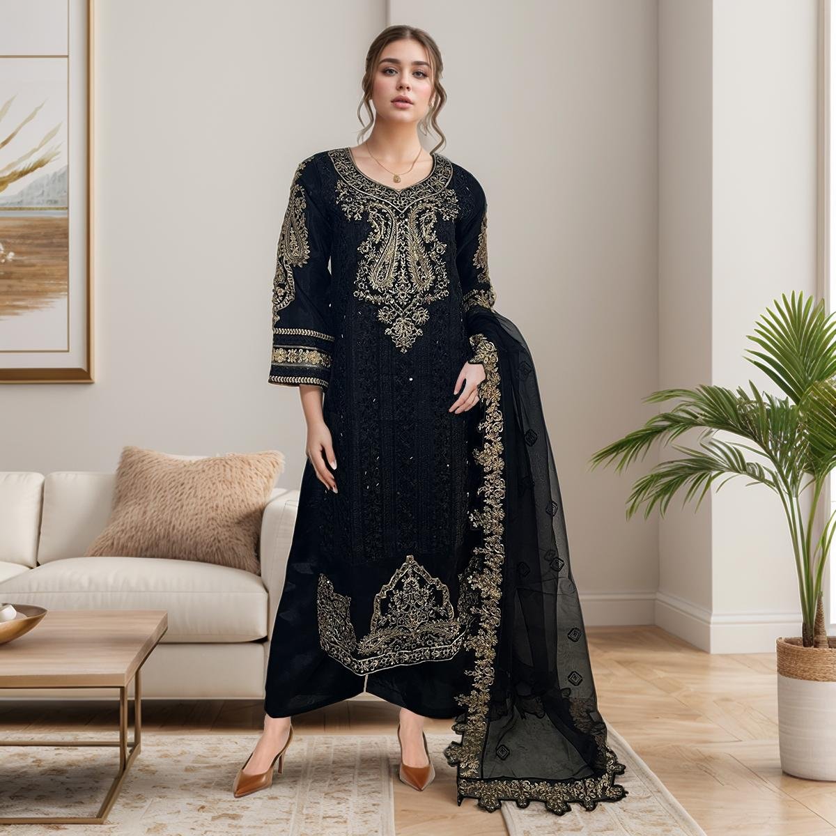 Black Color Embroidered Linen 3pc Suit