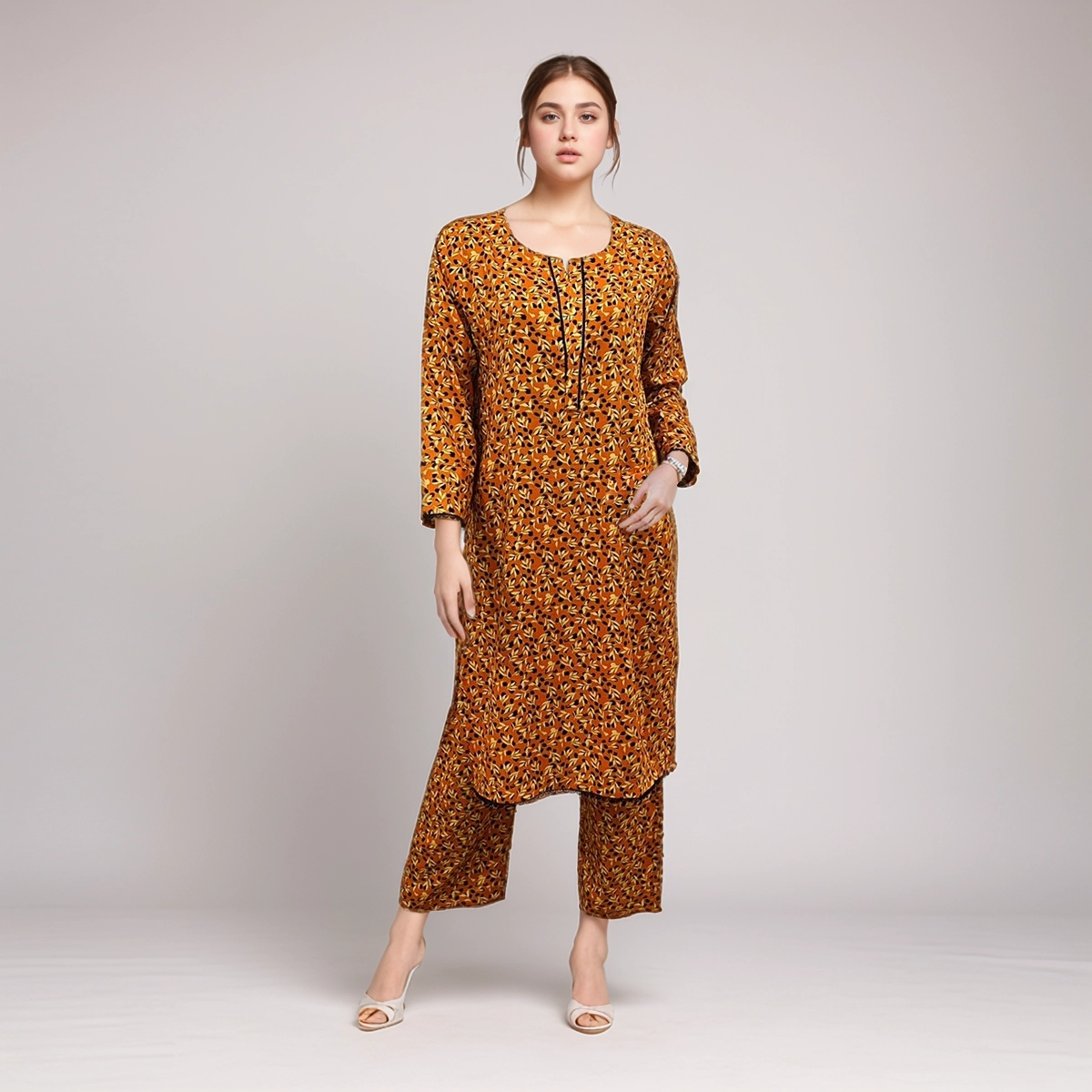 Brick Orange Color wholesale Ladies Print Linen 2pc Suit