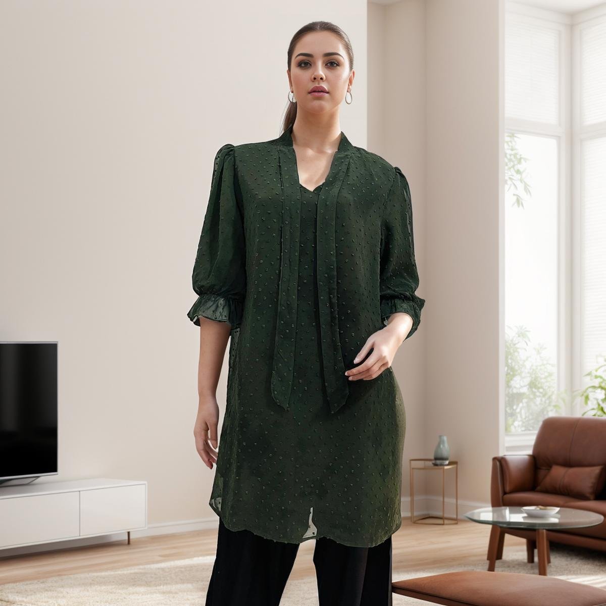 Dark Green Color Women’s Pakistani Linen Kurti
