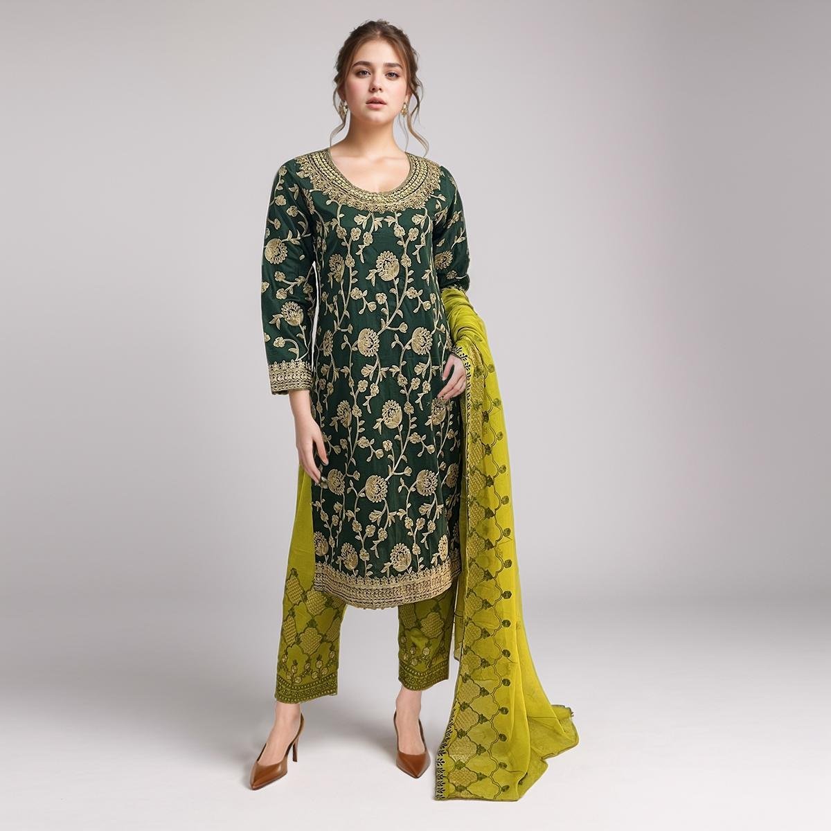 Dark Green Color Embroidered Linen 3pc Suit
