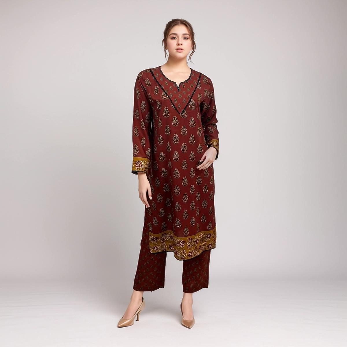 Dark Maroon Color wholesale Ladies Print Linen 2pc Suit