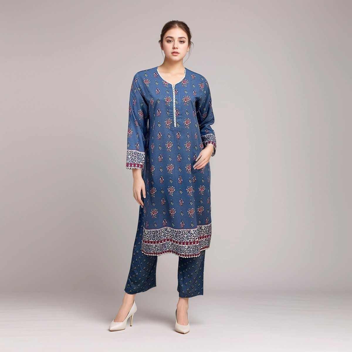 Dusky Blue Color wholesale Ladies Print Linen 2pc Suit