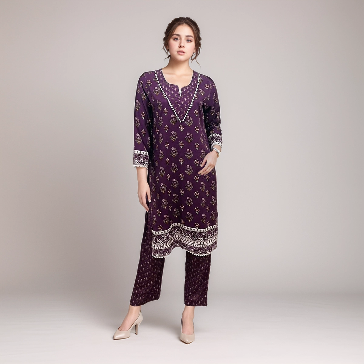 Grape Purple Color wholesale Ladies Print Linen 2pc Suit