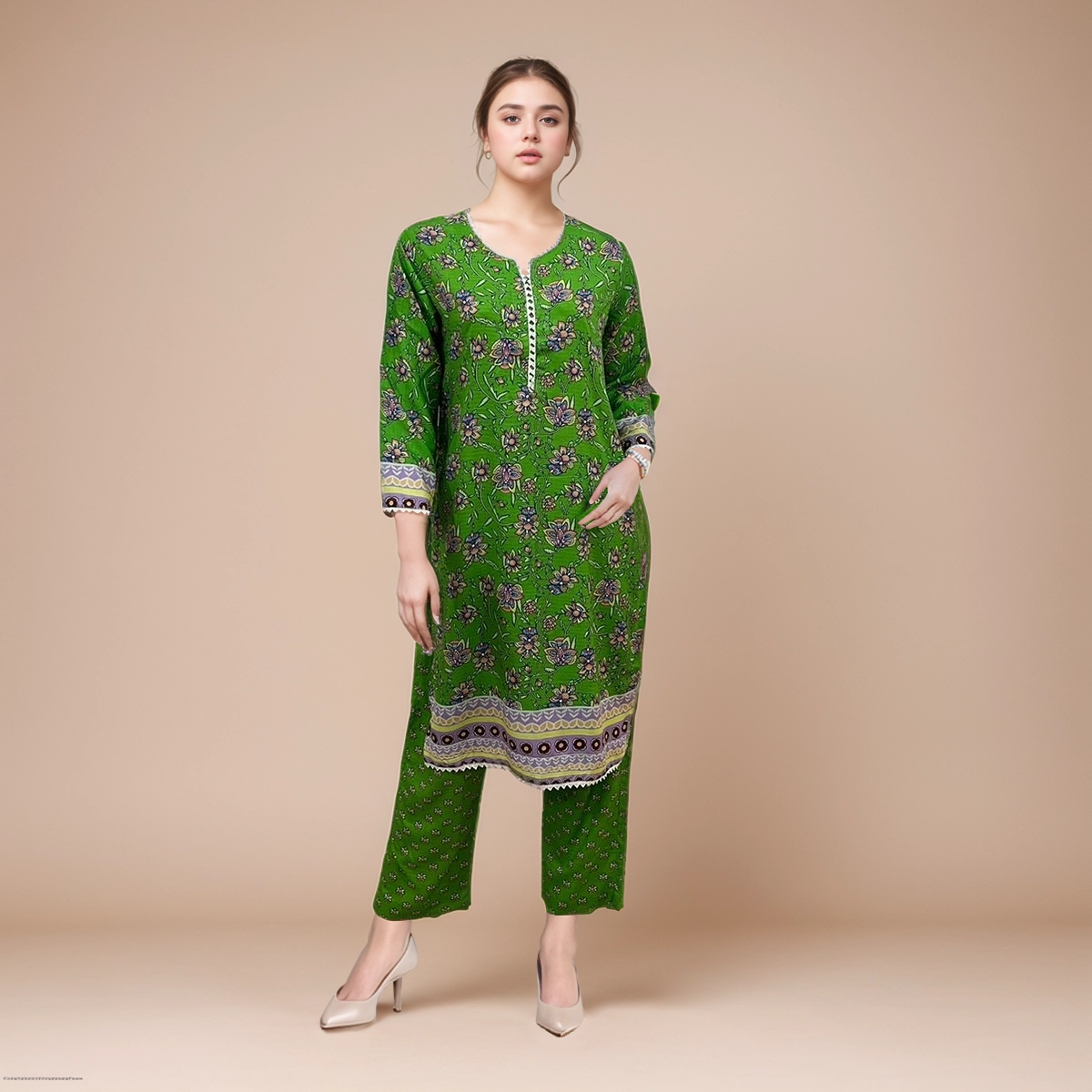 Grass Green Color wholesale Ladies Print Linen 2pc Suit