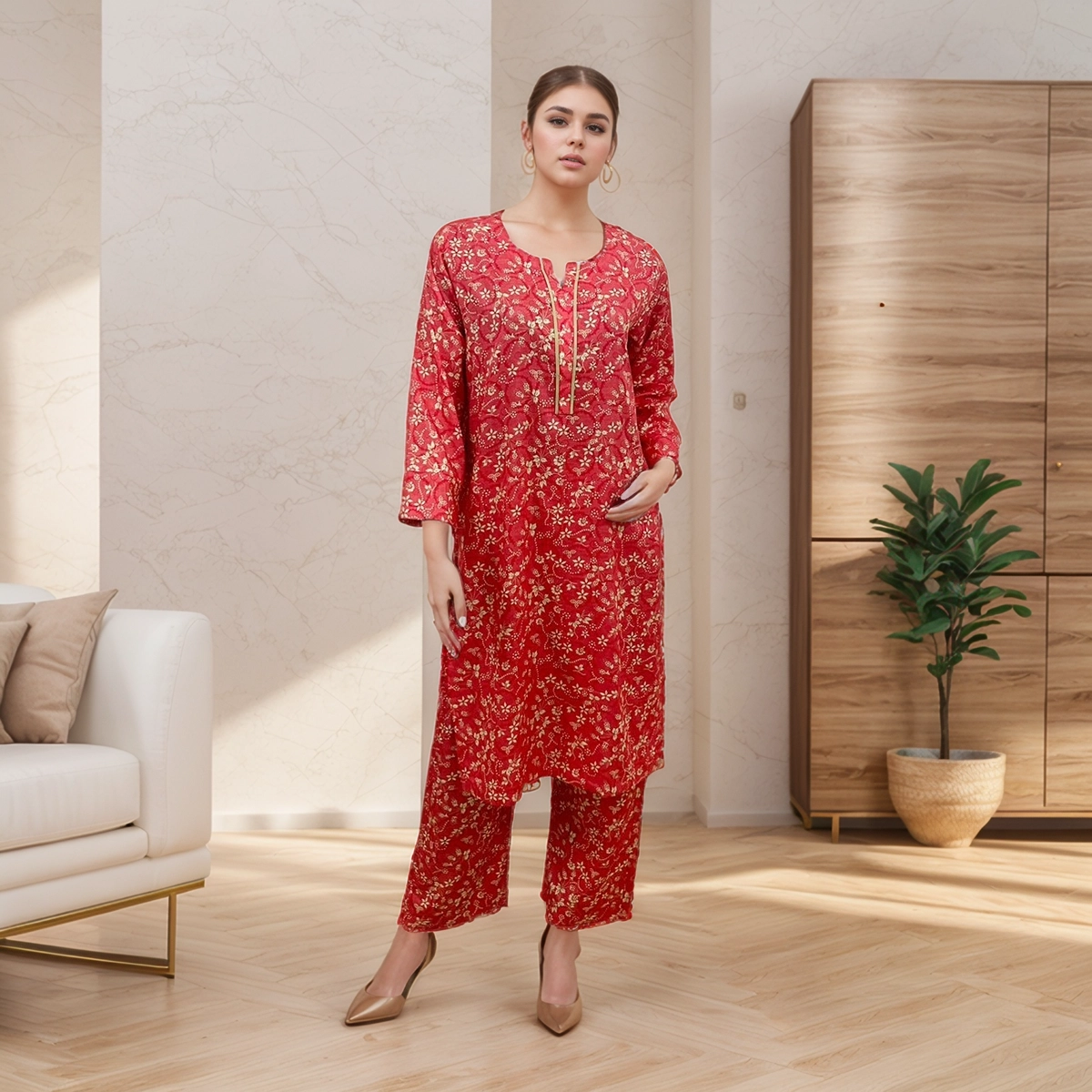 Light Pink Color wholesale Ladies Print Linen 2pc Suit