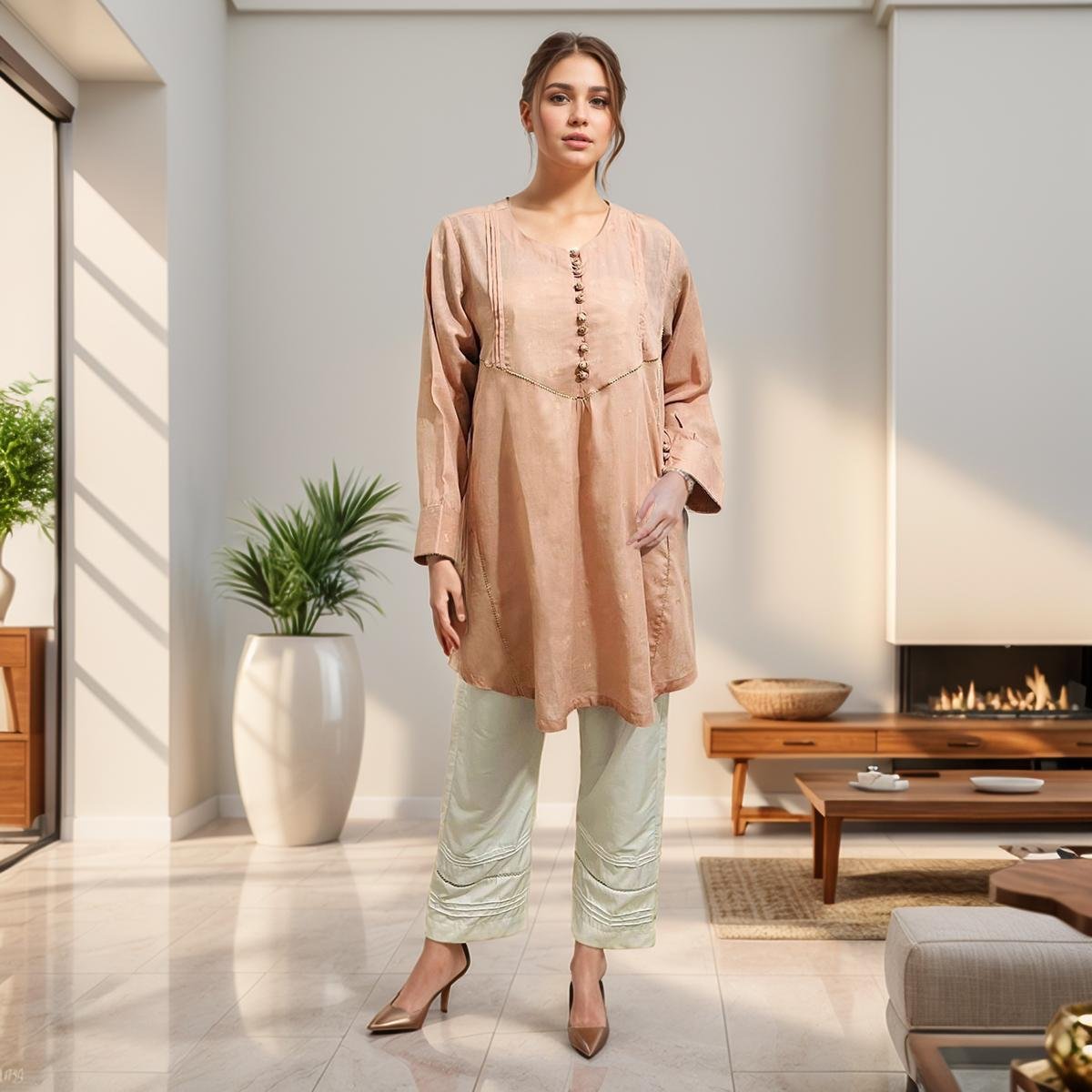 Peach Puff Color Women’s Pakistani Linen Kurti