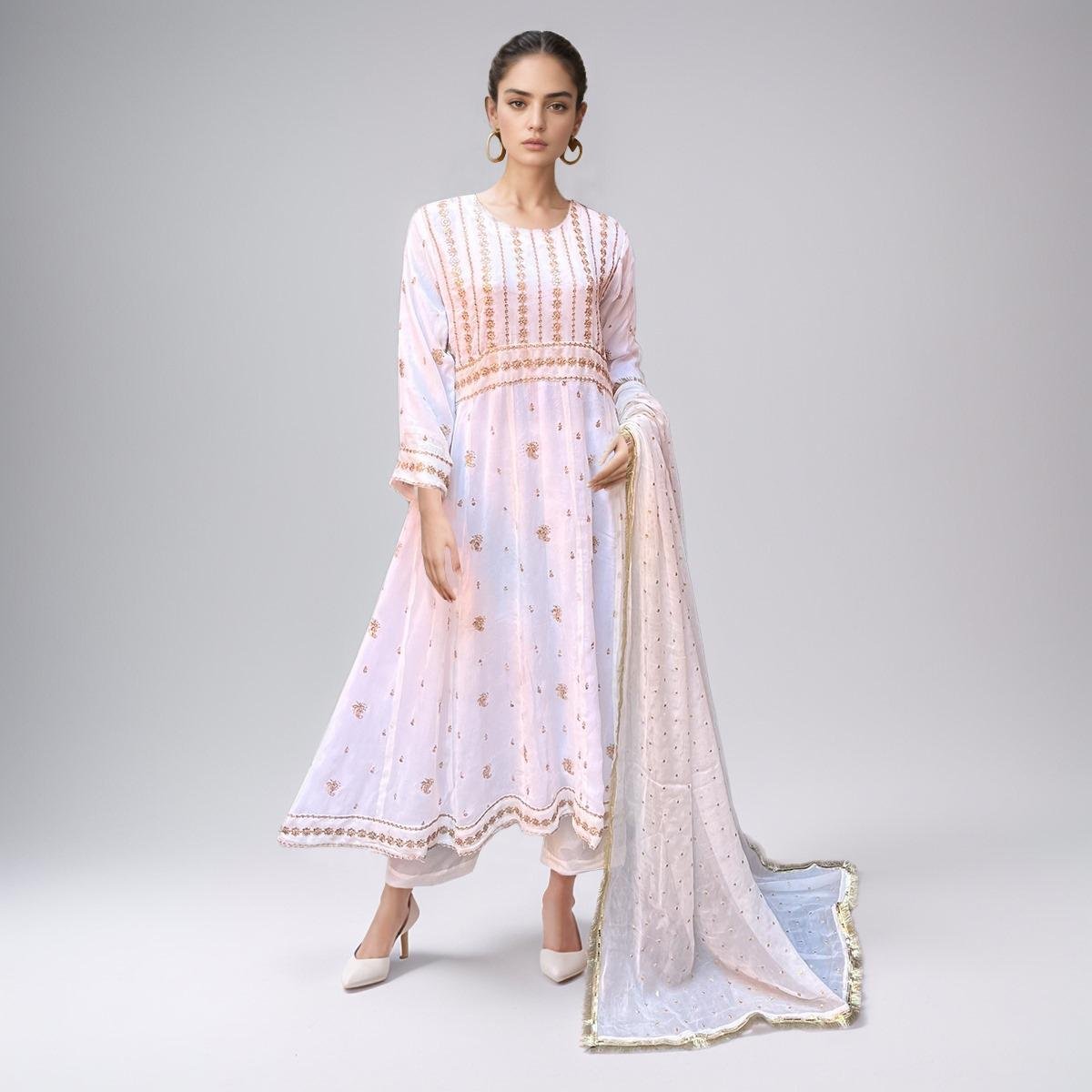 Off-white Color Embroidered Linen 3pc Maxi