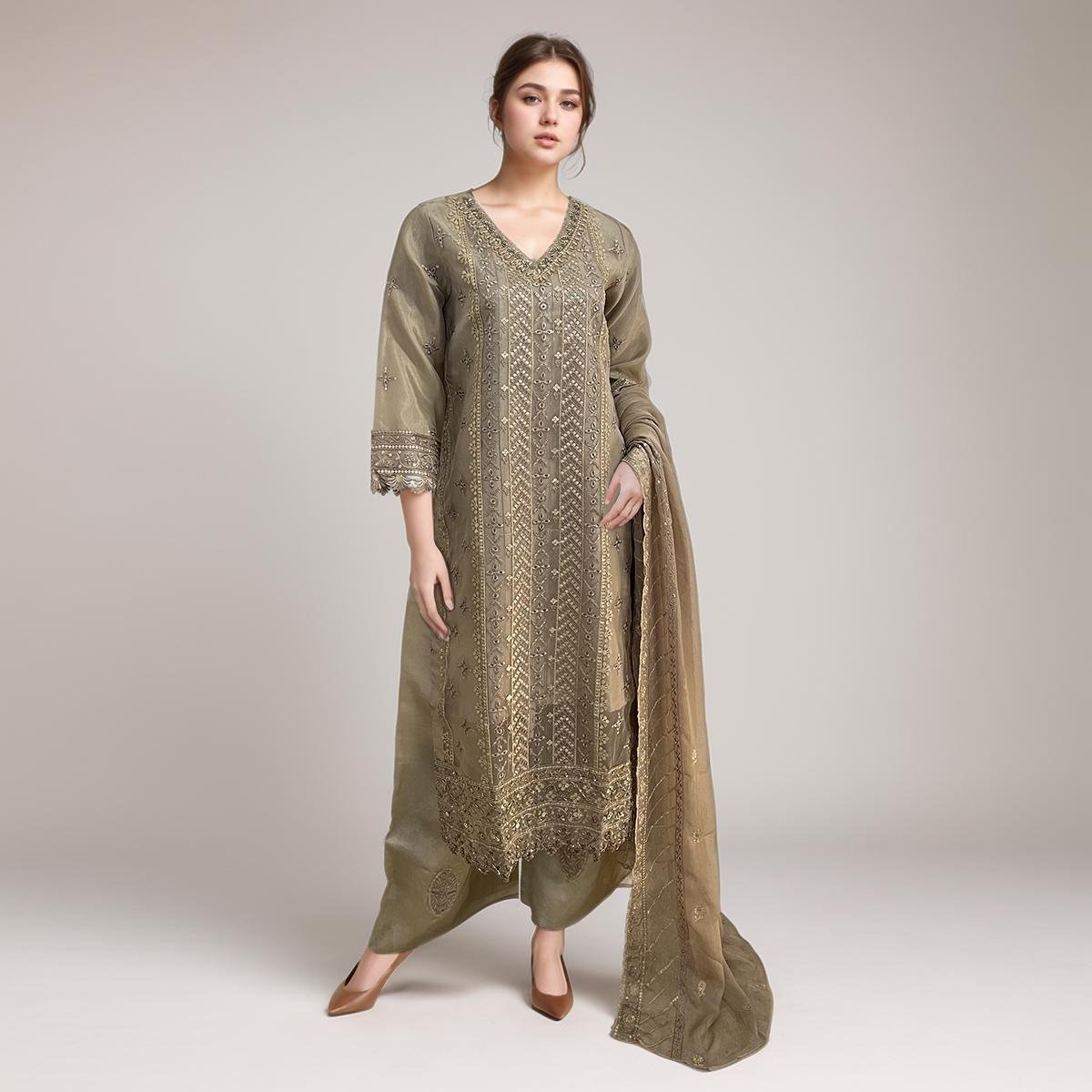 Rodeo Dust Color Embroidered Linen 3pc Suit