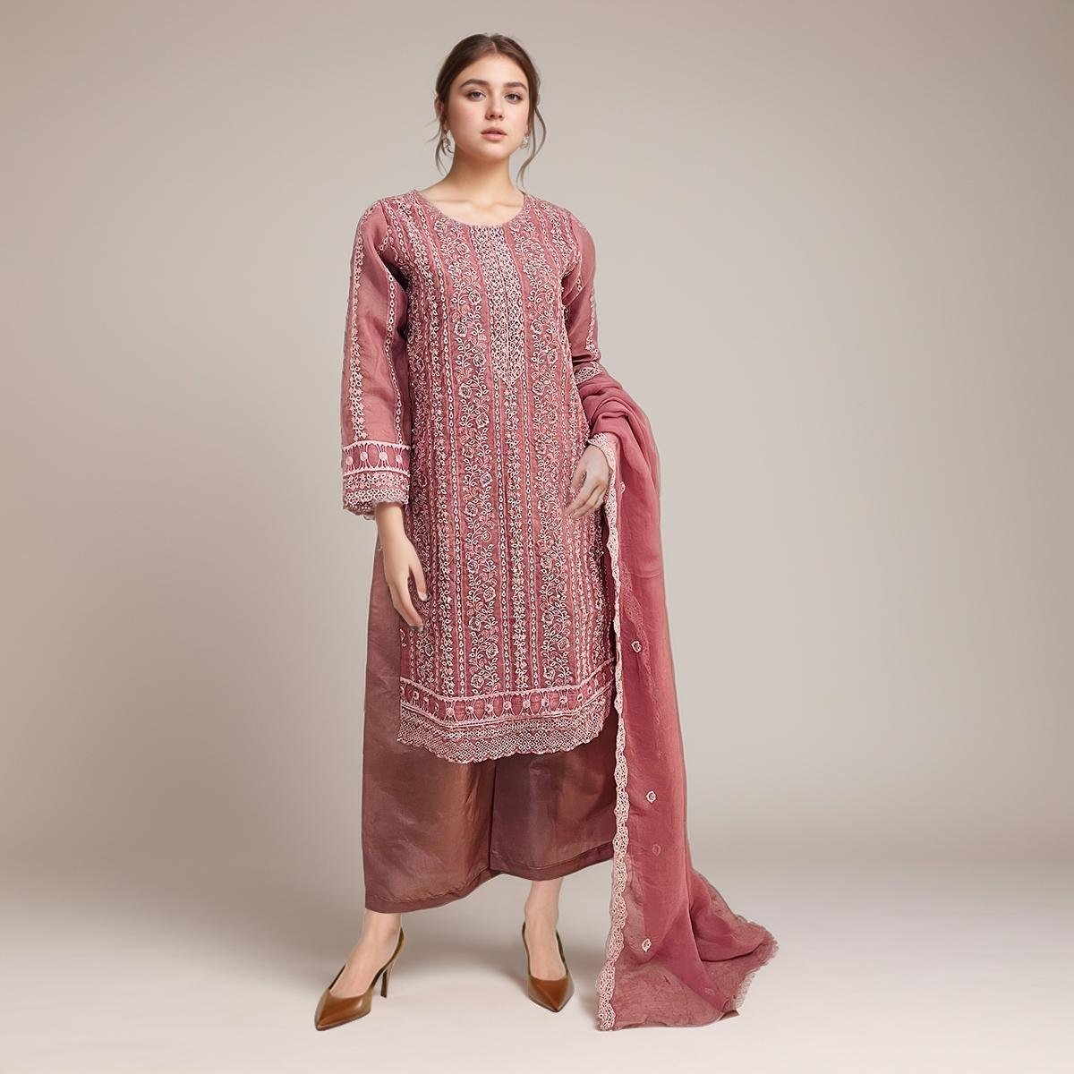 Rose Pink Color Embroidered Linen 3pc Suit