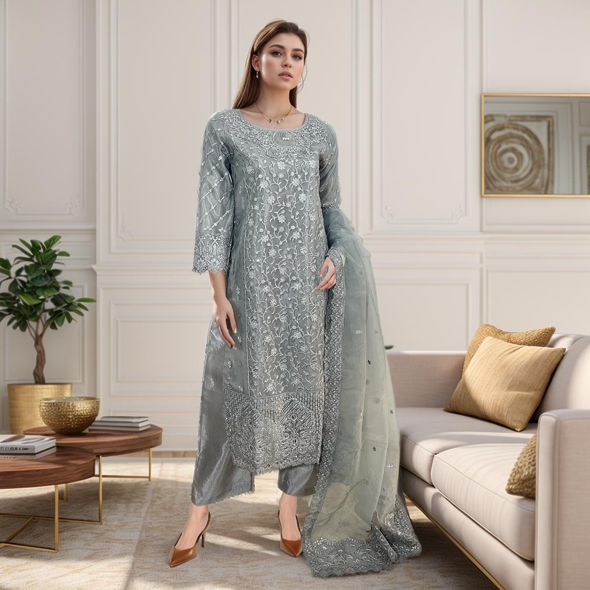 Silver Grey Color Embroidered Linen 3pc Suit