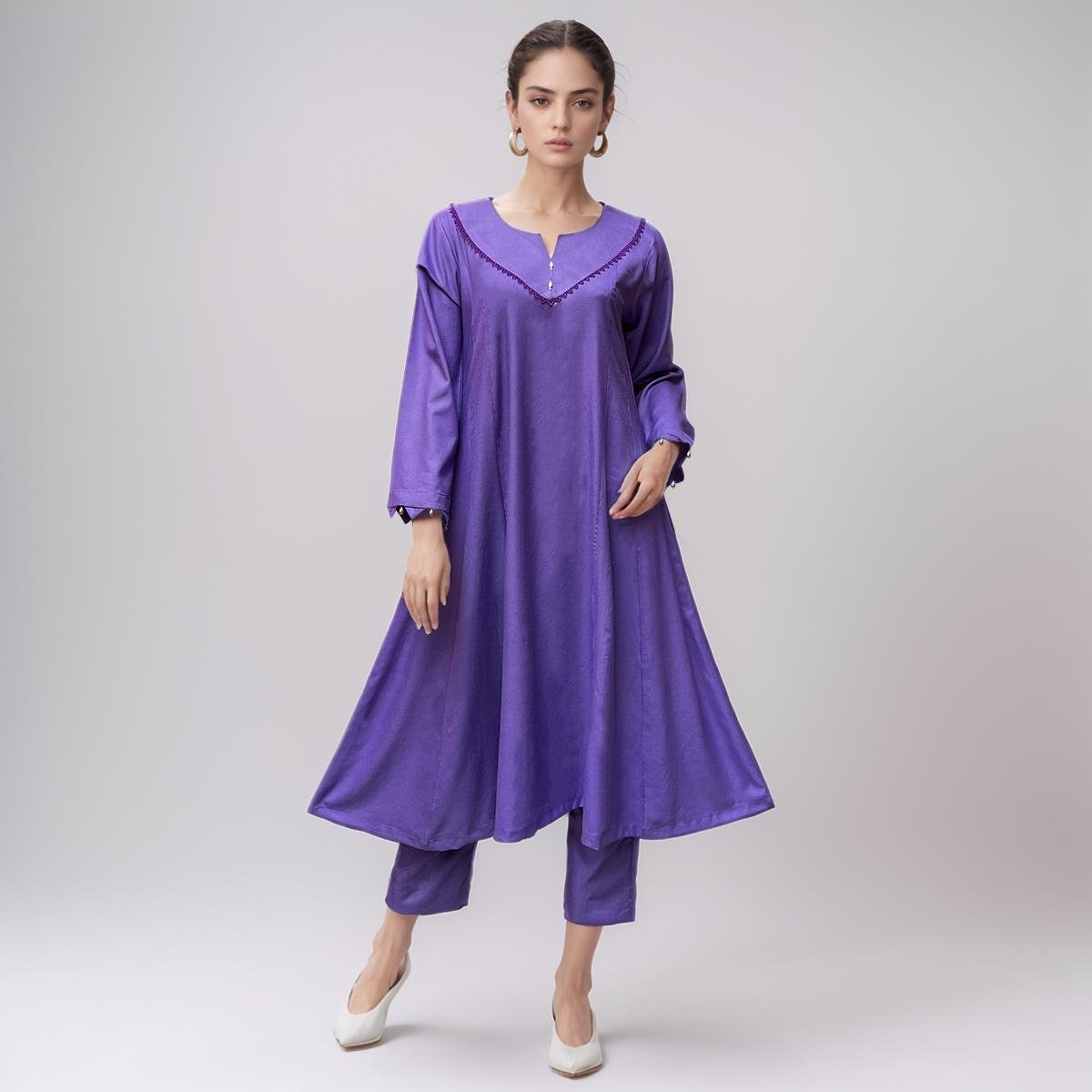 Bluish Purple Color Ladies Plain Dhanak Co-Ord Set