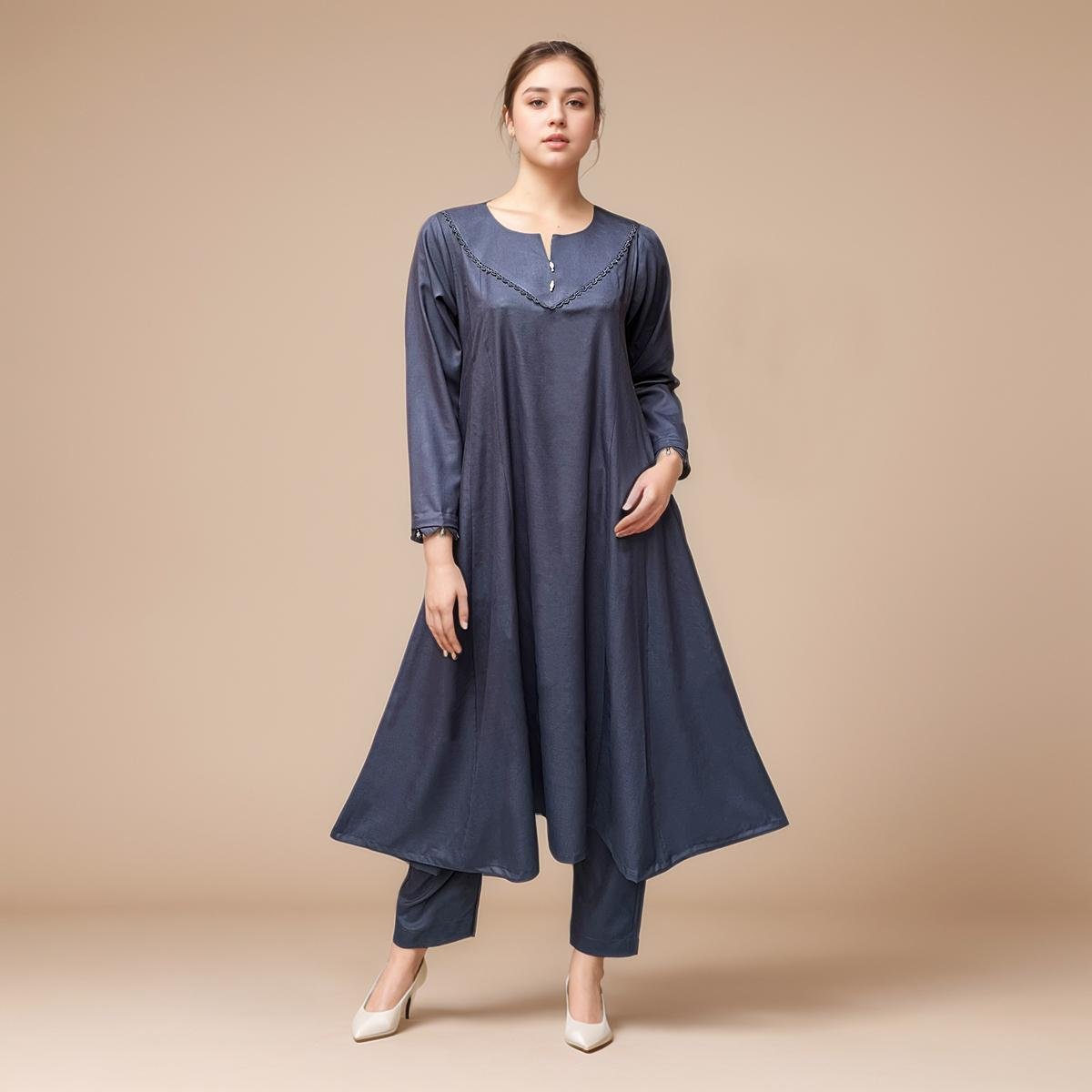 Davy Grey Color Ladies Plain Dhanak Co-Ord Set
