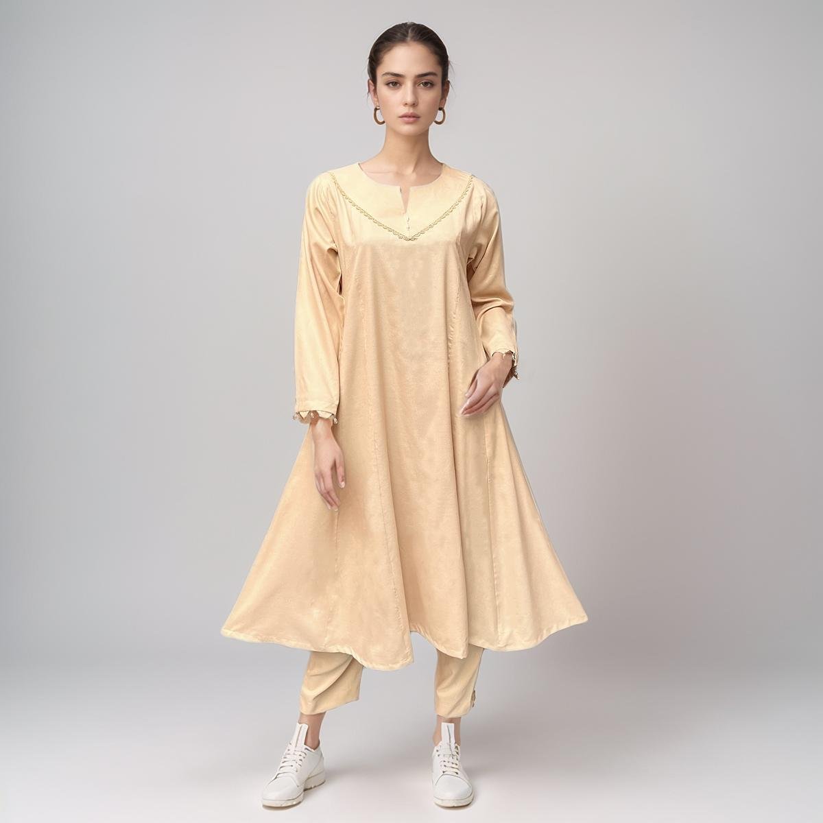 Dessert Sand Color Ladies Plain Dhanak Co-Ord Set
