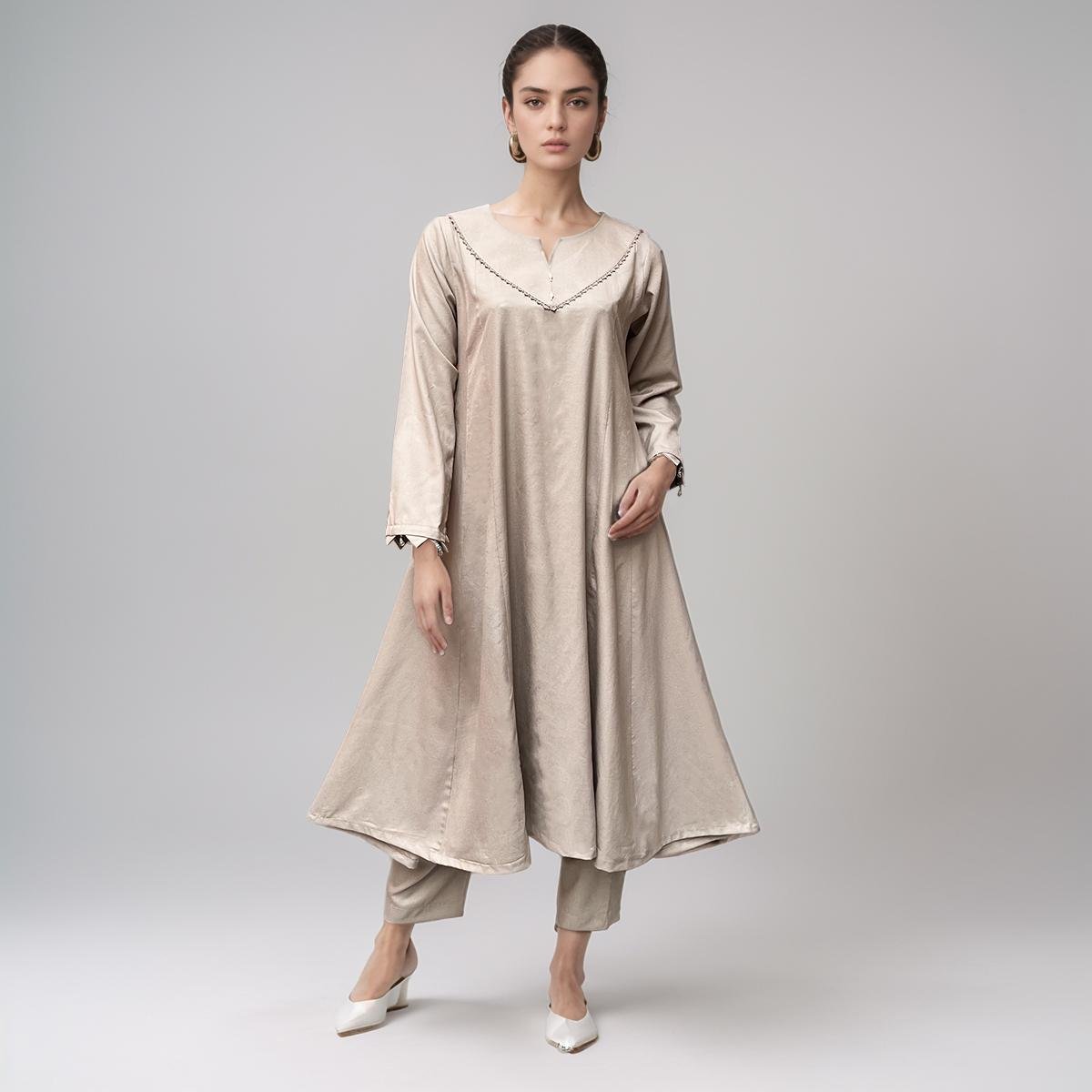 Soft Amber Color Ladies Plain Dhanak Co-Ord Set