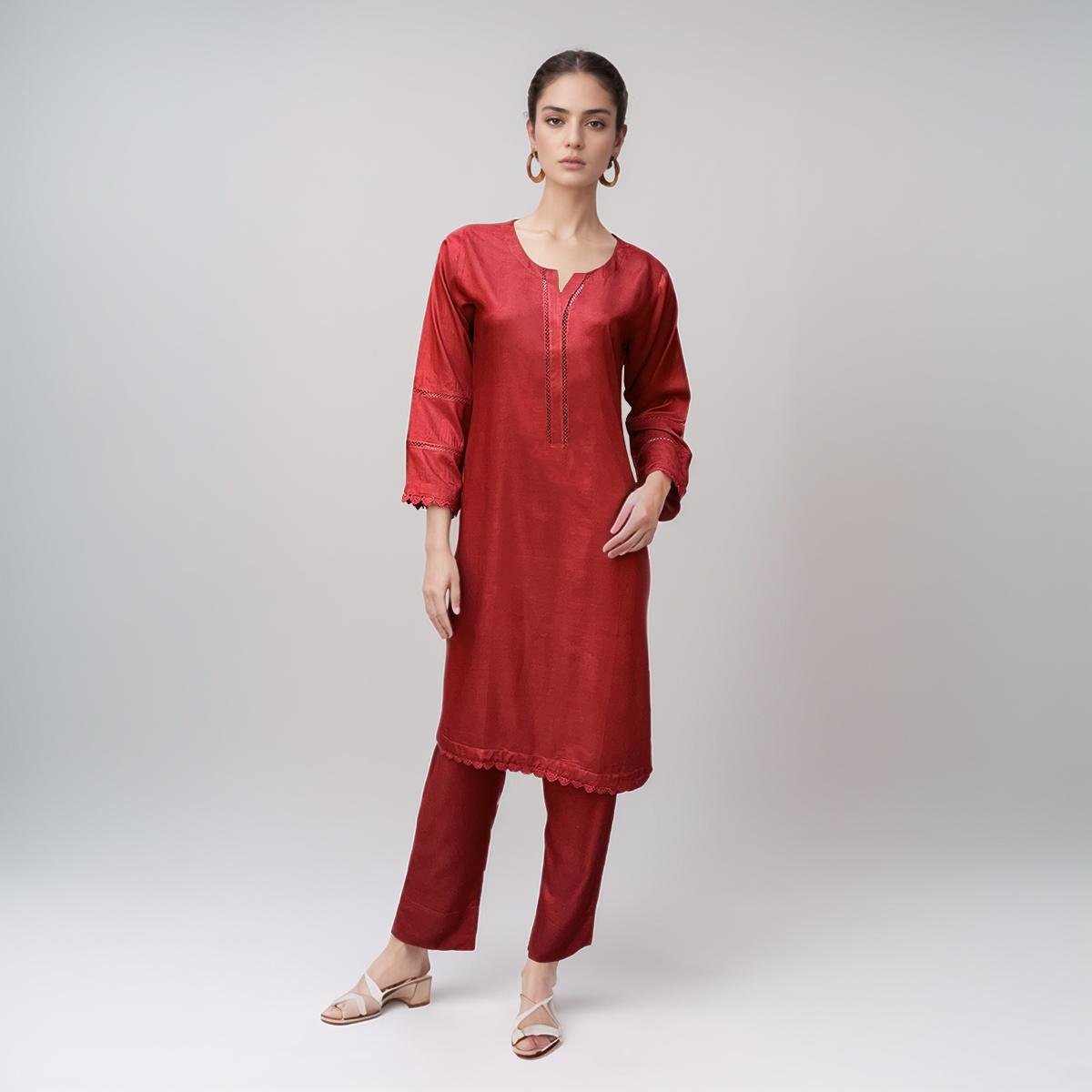 Dark Red Designer Linen Co-Ord Set Pakistan