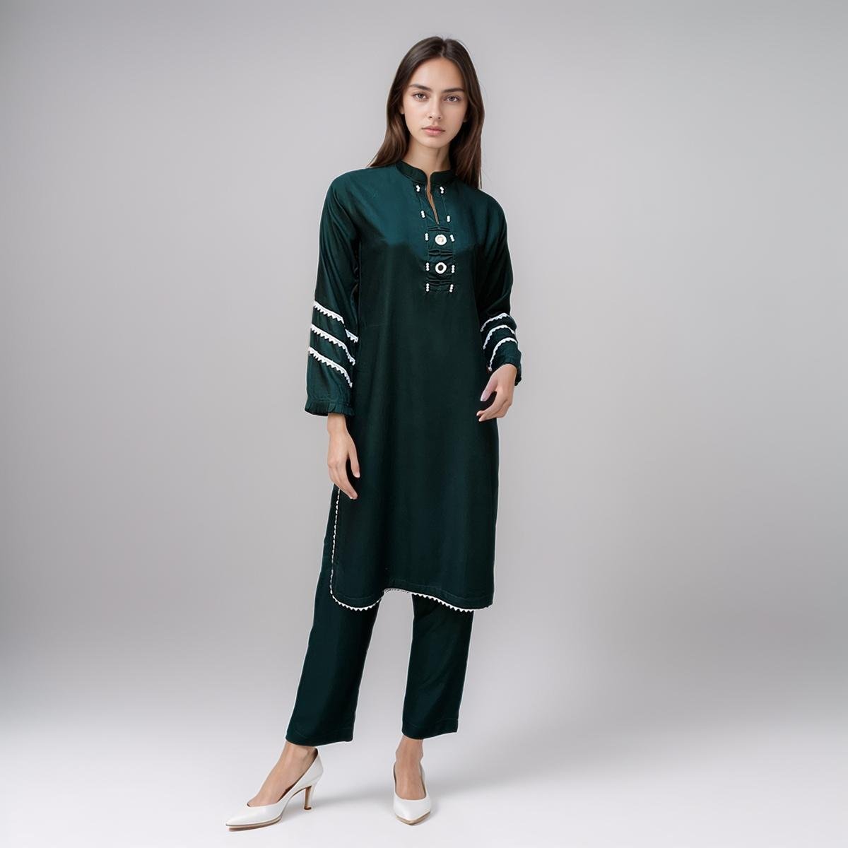 Embellished Timber Green Linen Co-Ord Set