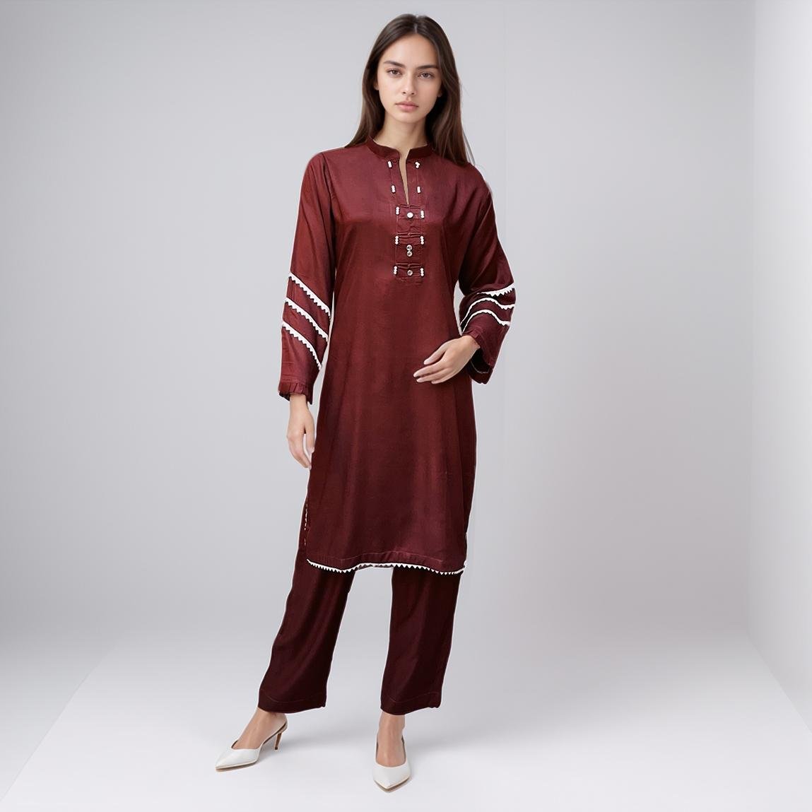 Designer Wine Color Linen Co-Ord Set For Women