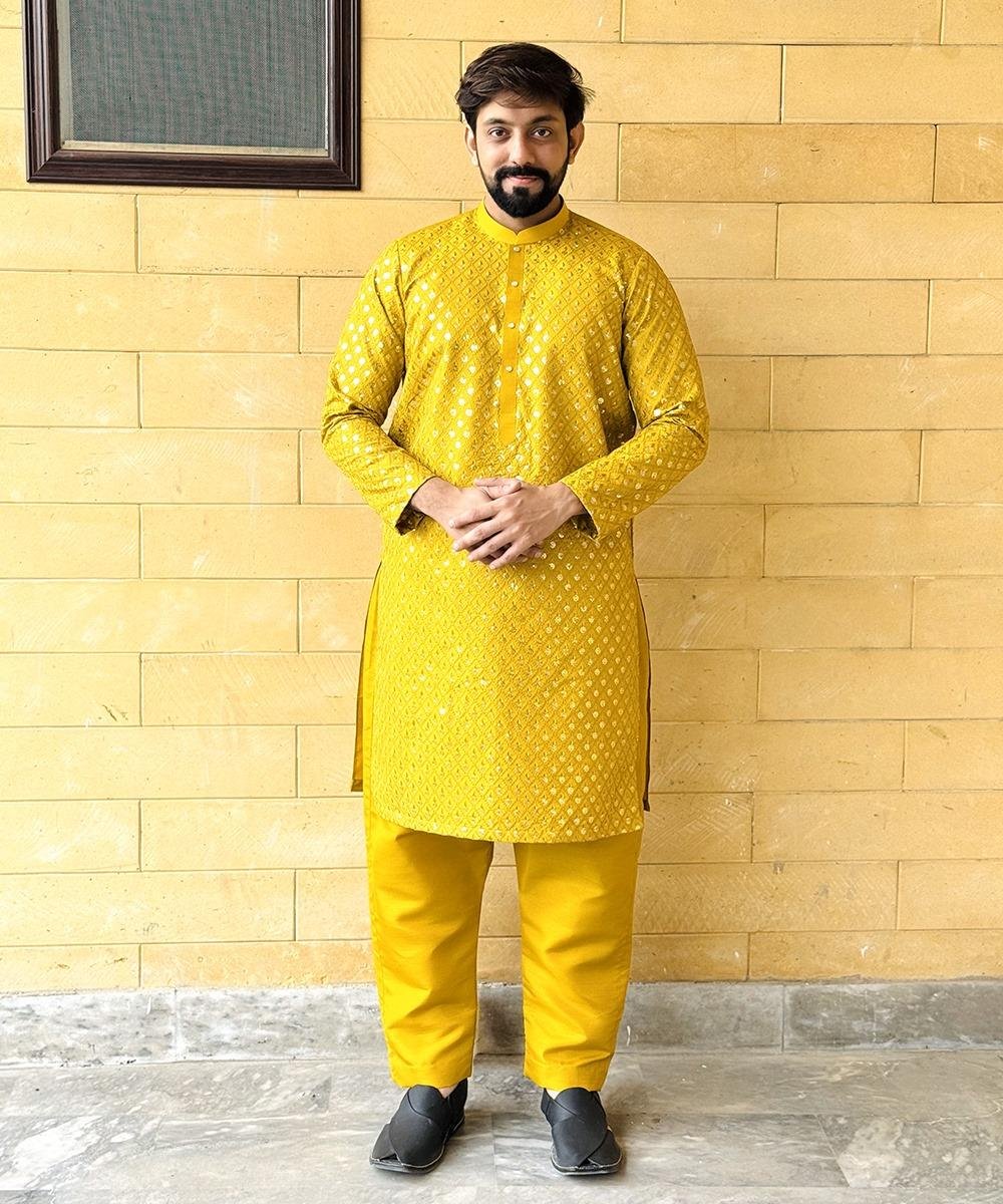 Dull Yellow Wedding Dresses For Men Kurta Pajama
