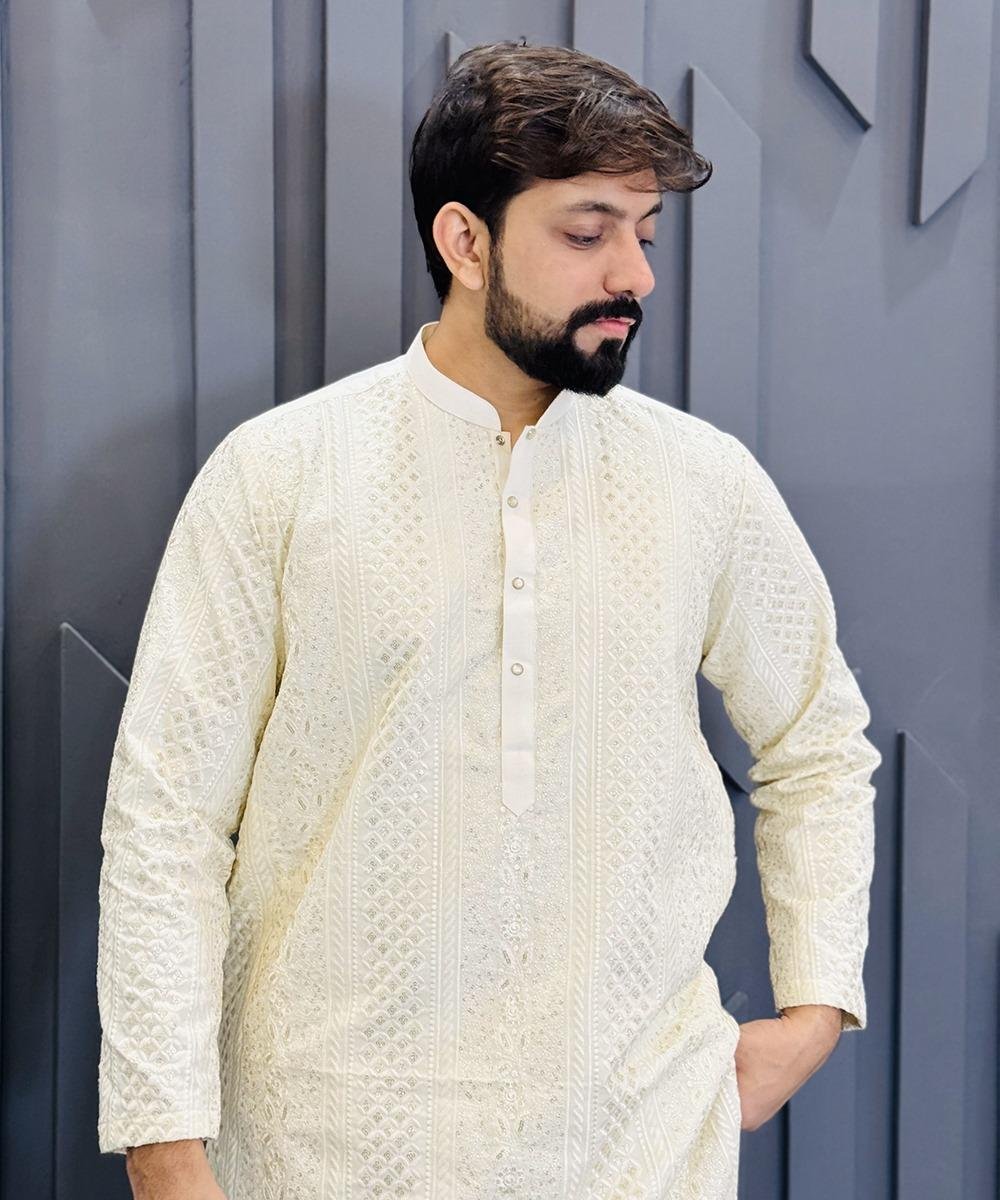 Off-White Kurta Pajama For Wedding - Image 3