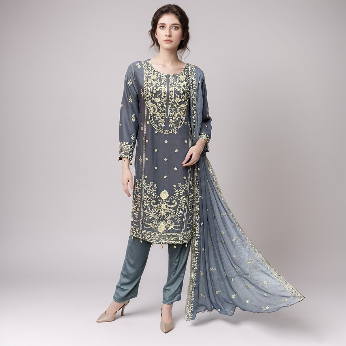 Carbon Grey Stitched chiffon suits