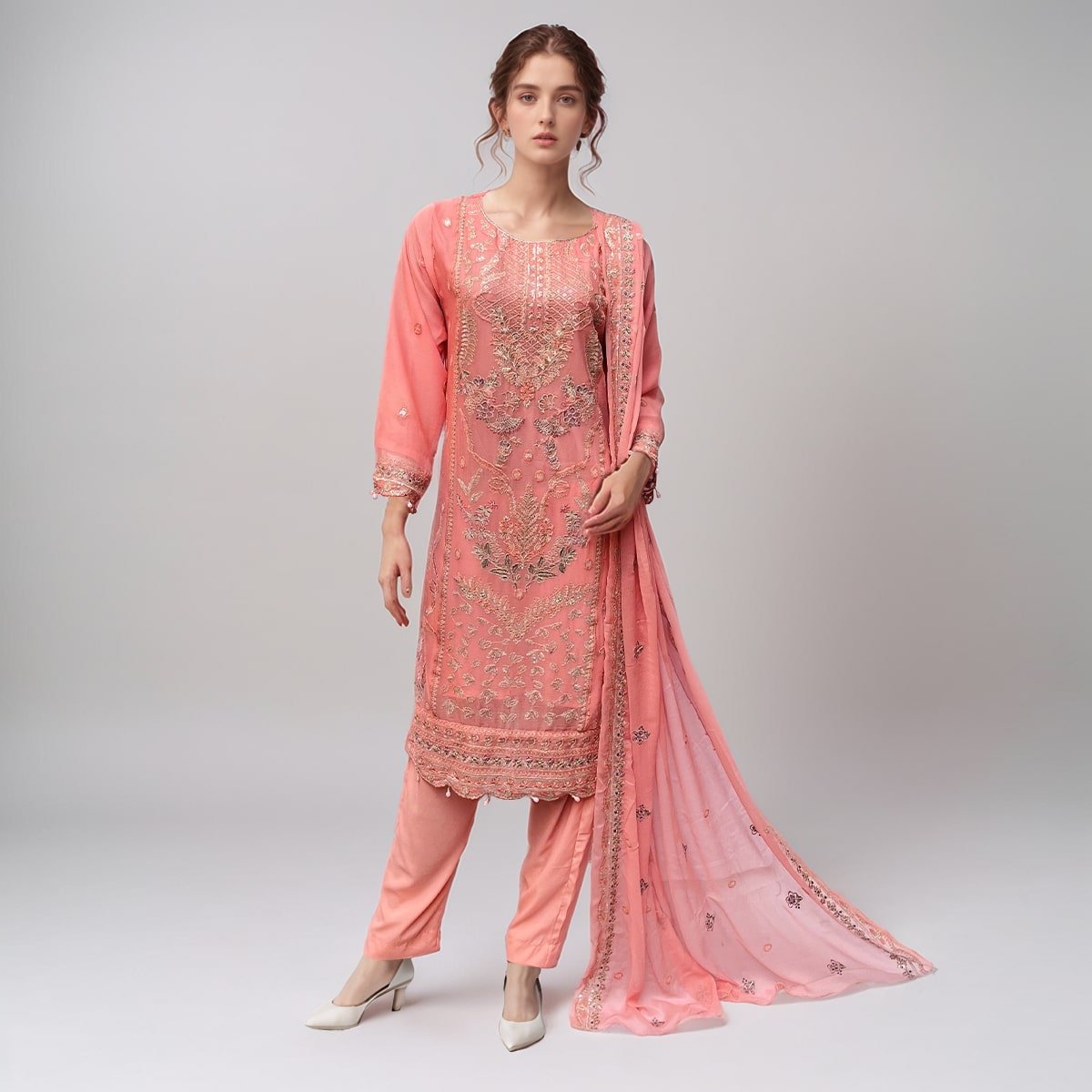 Coral Pink Embroidered chiffon suits