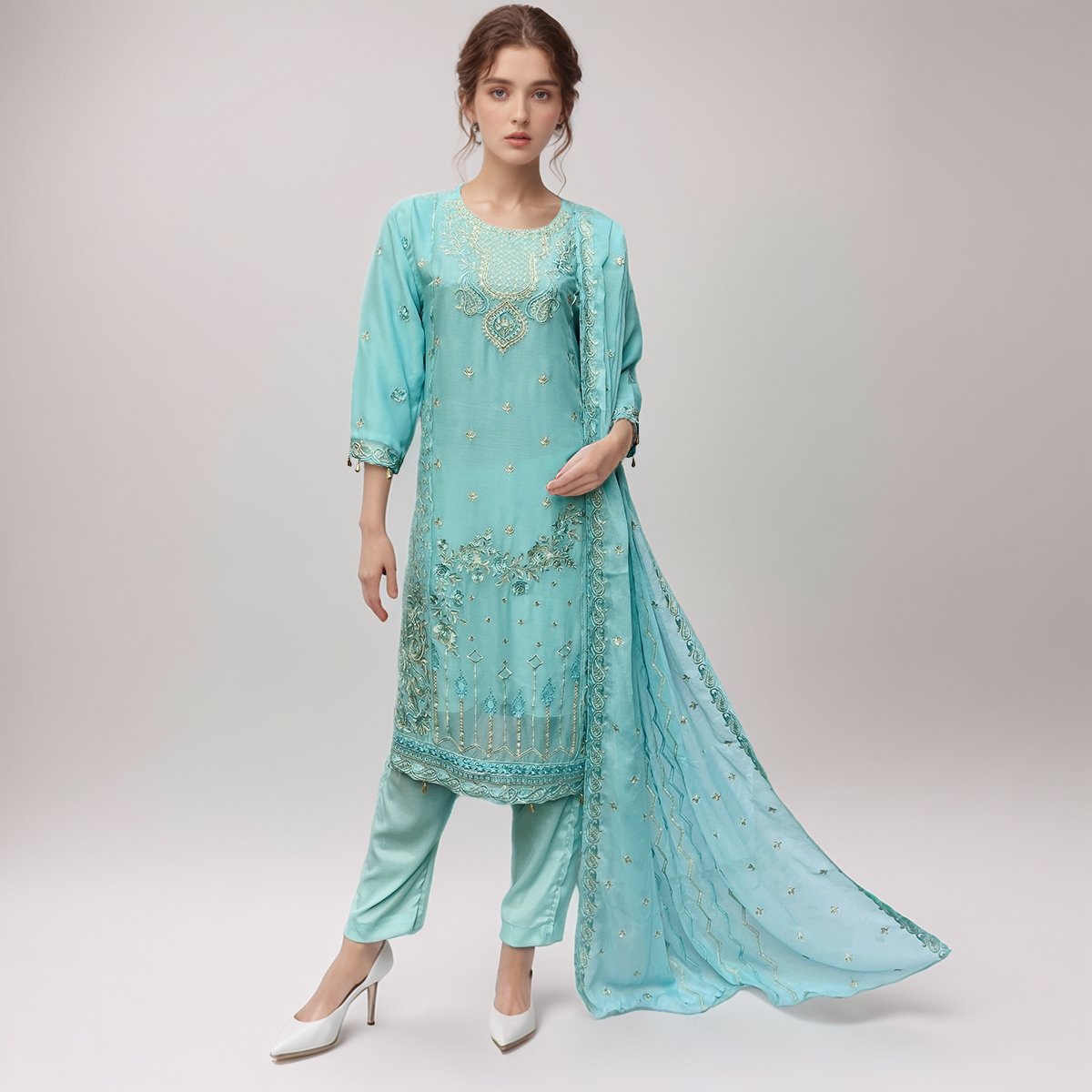 Cyan Stitched chiffon suits