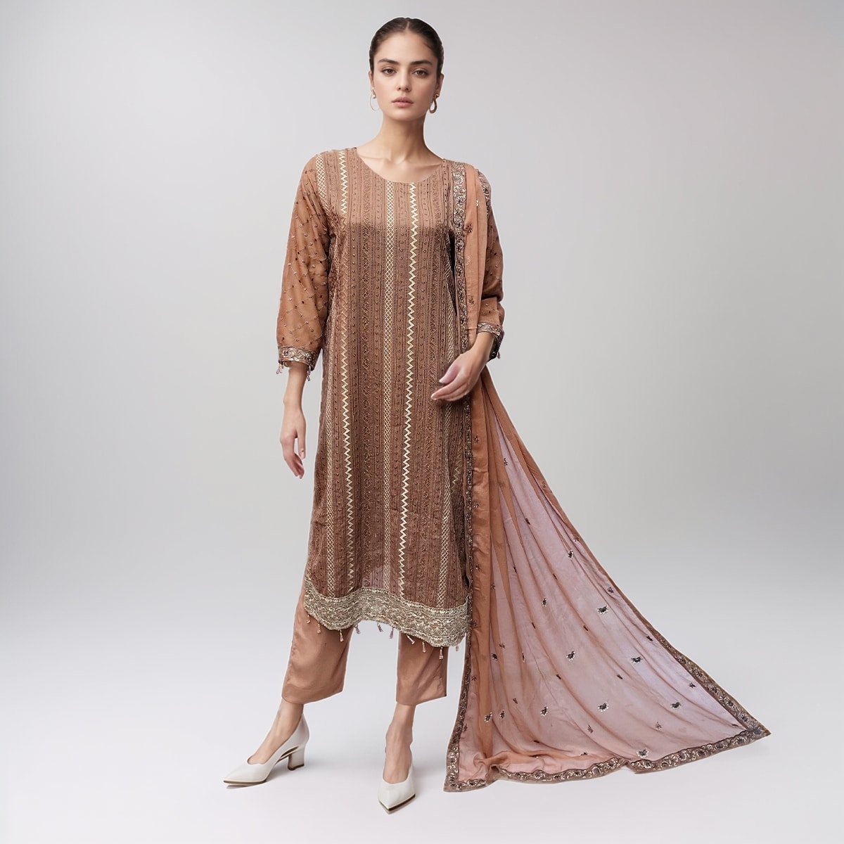 Light Taupe Embroidered chiffon suits