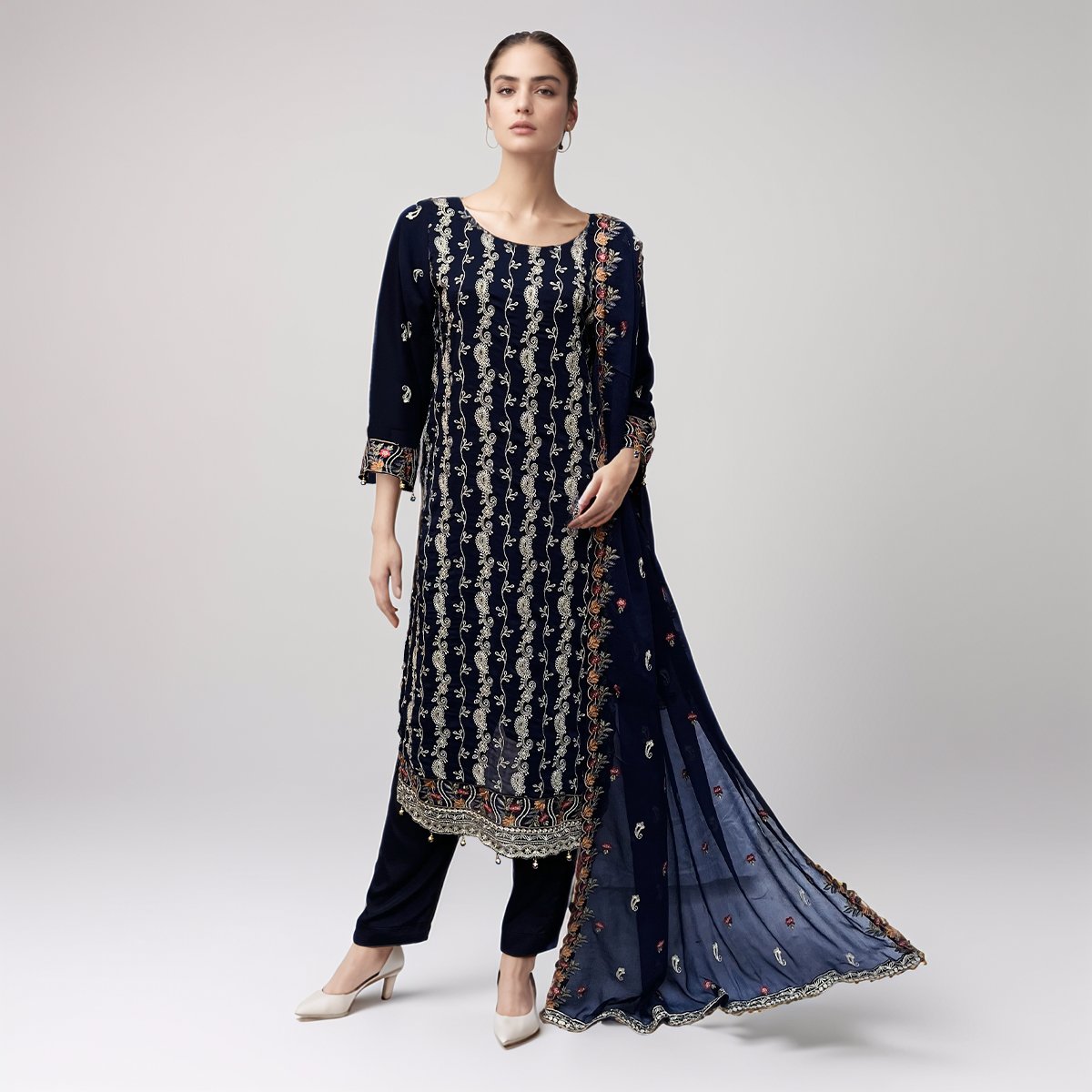 Navy blue 3 piece chiffon suits pakistan