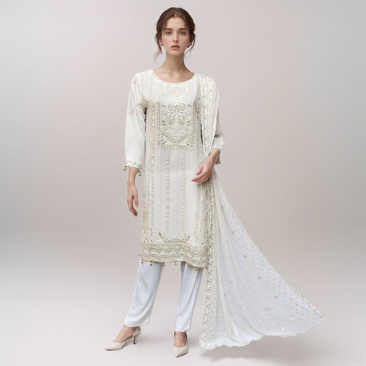 Off-white 3 piece chiffon suits pakistan