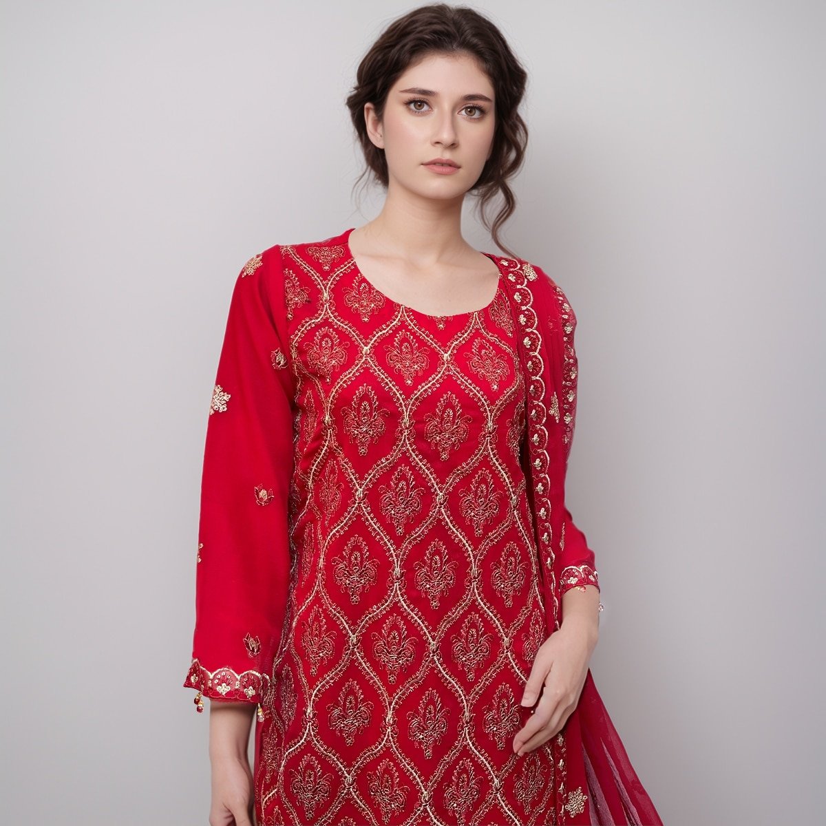 Red Embroidered chiffon suits
