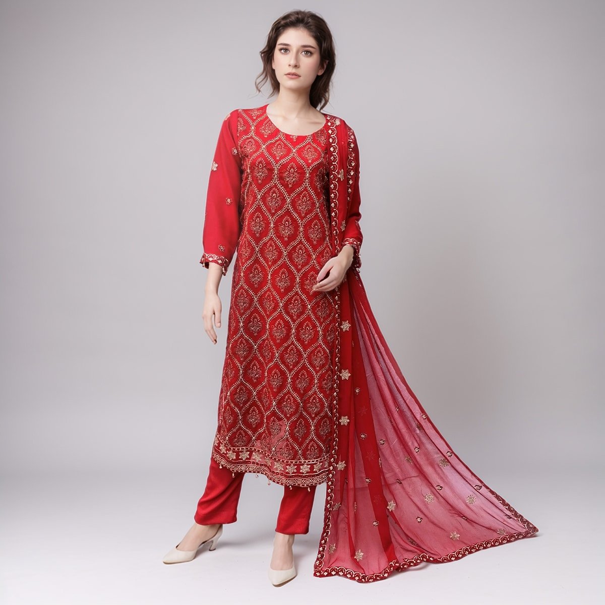 Red Embroidered chiffon suits