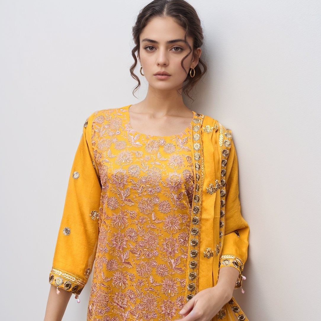 Yellowish Orange Pakistani chiffon suits